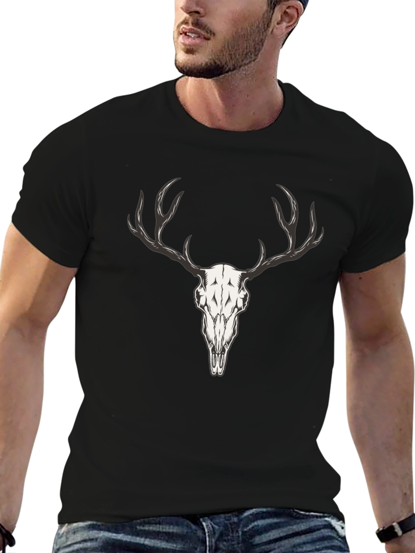 Mens Black T-Shirt with Deer Skull Graphic