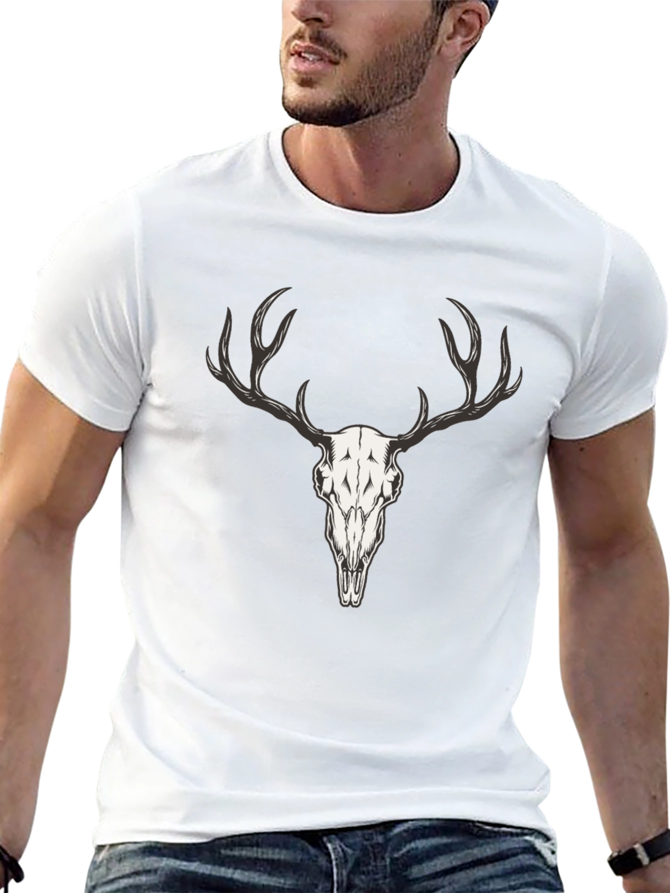 Mens Black T-Shirt with Deer Skull Graphic