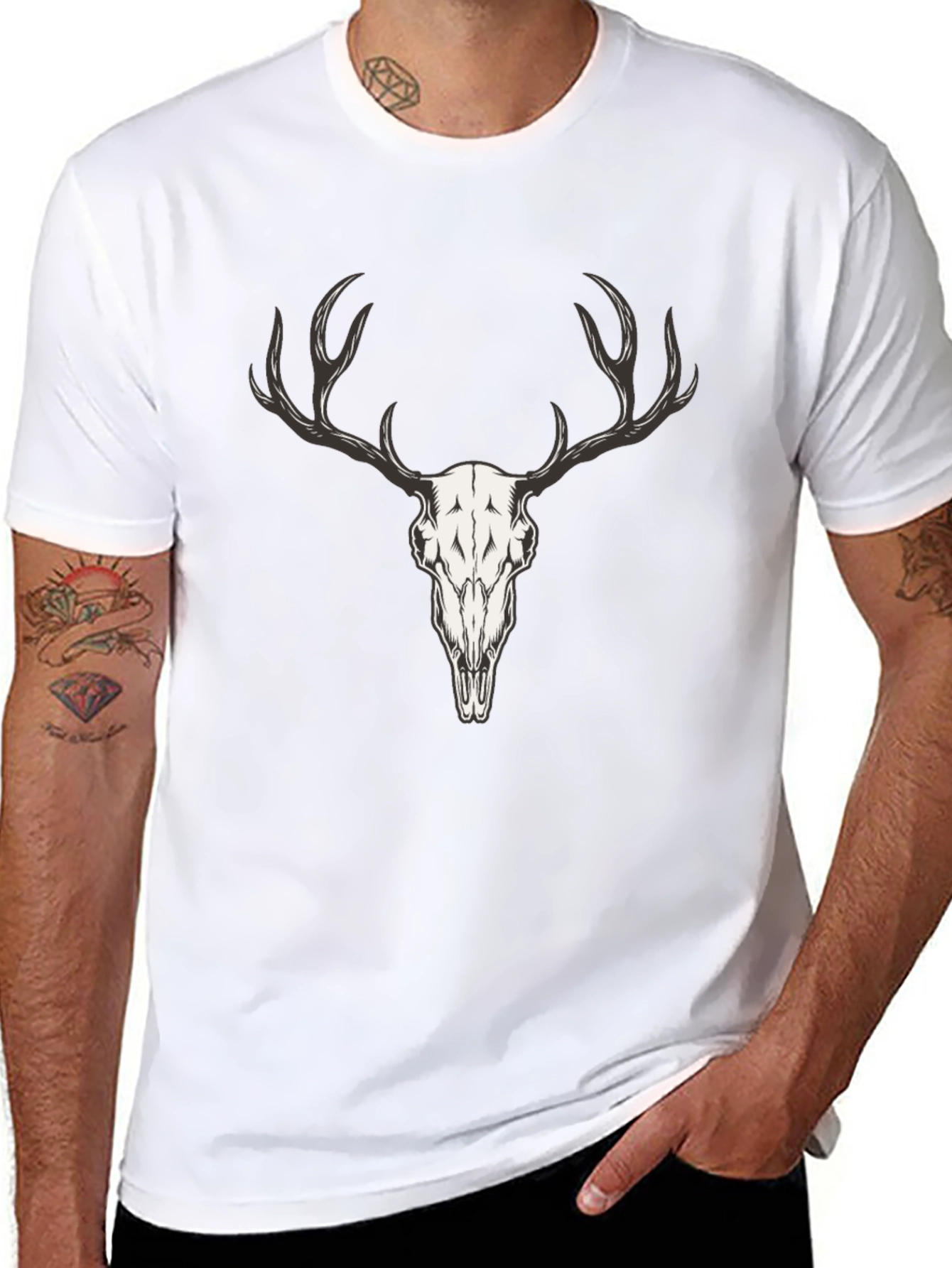 Mens Black T-Shirt with Deer Skull Graphic