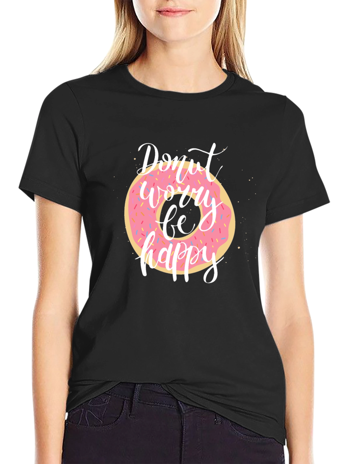 Donut Worry Be Happy Black T-Shirt