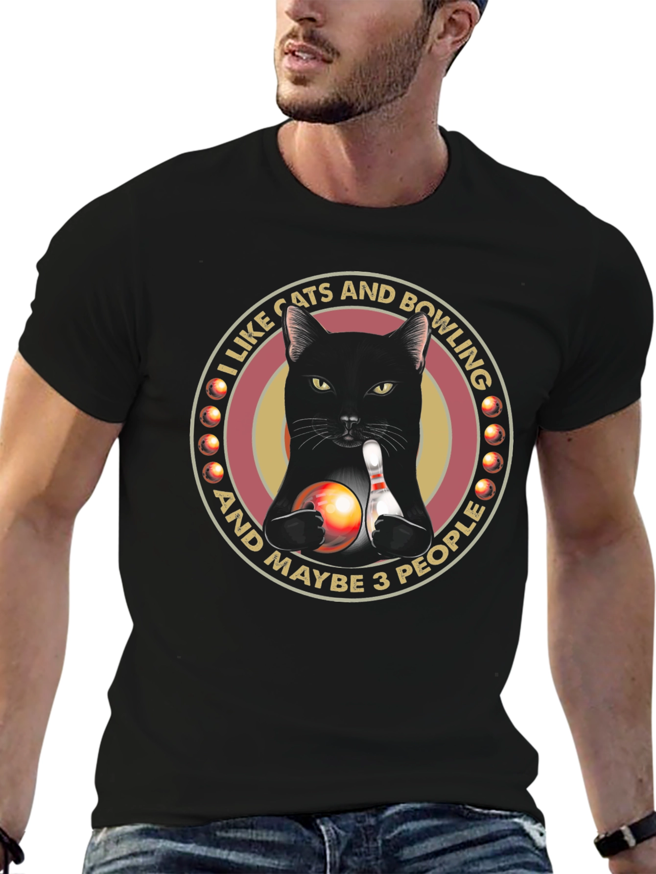 Cats & Bowling Graphic T-Shirt - Black