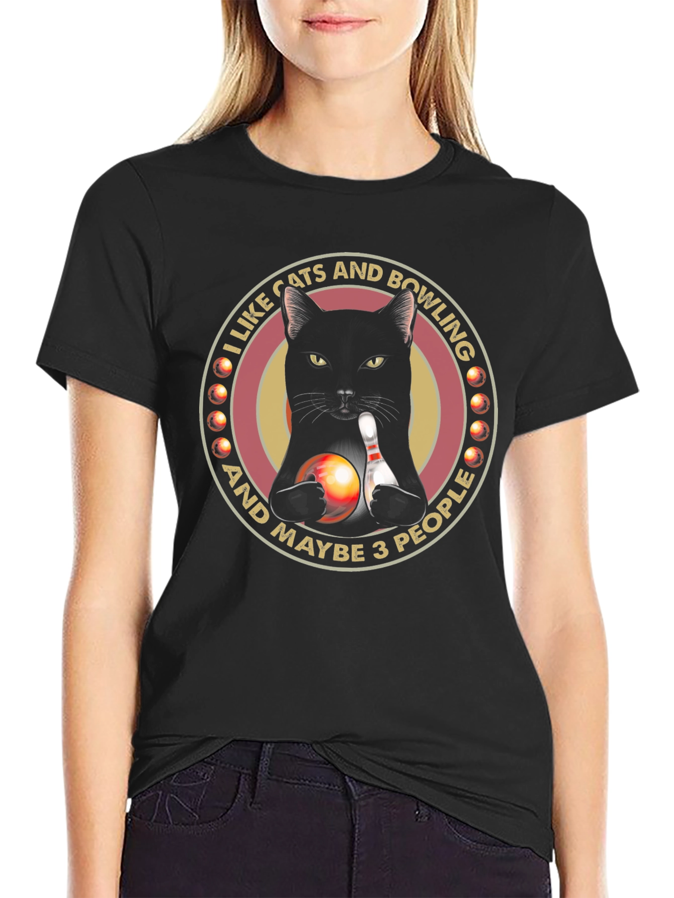 Cats & Bowling Graphic T-Shirt - Black
