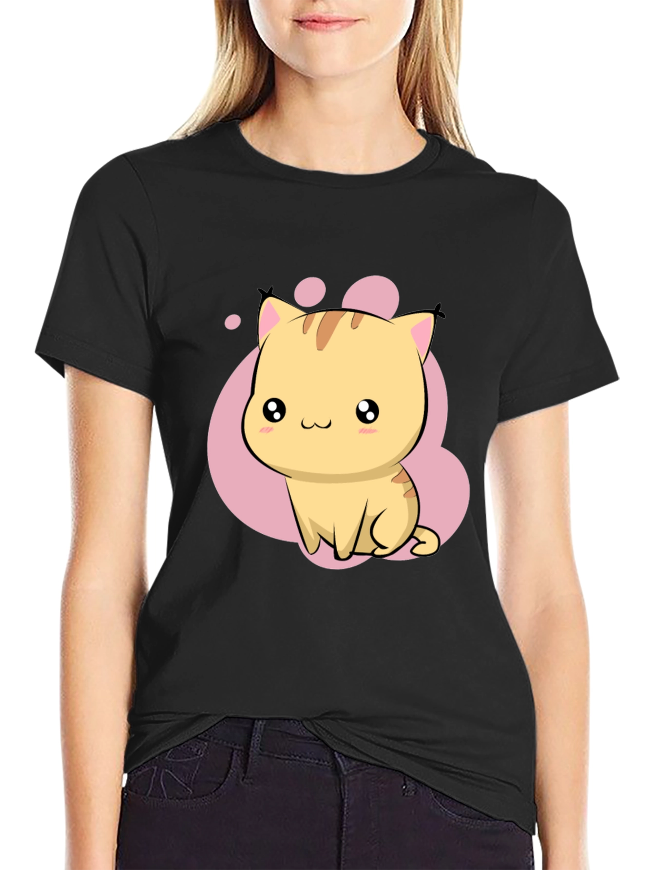 Cute Kawaii Cat Graphic Black T-Shirt