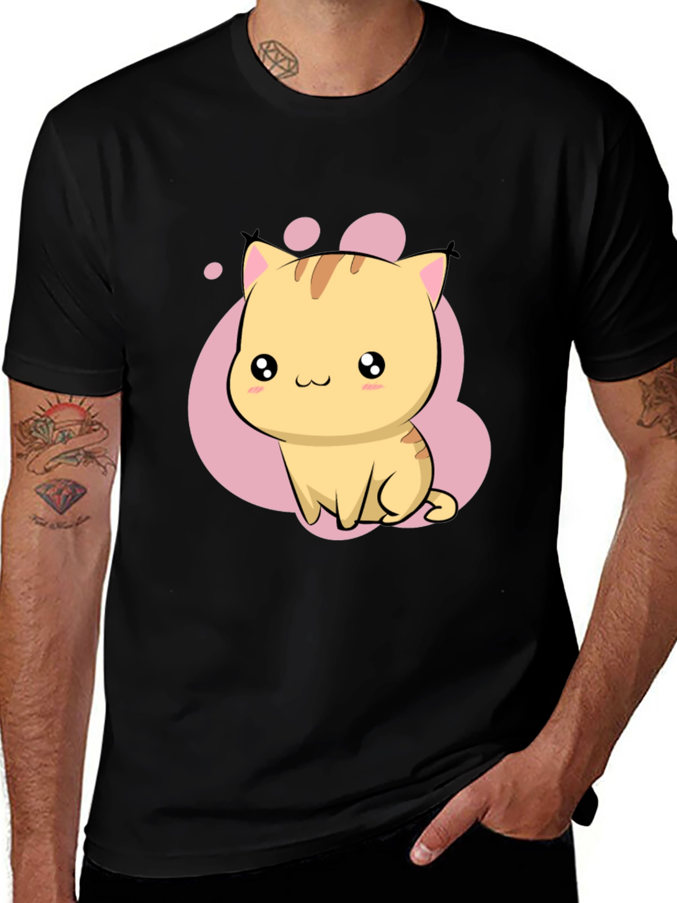 Cute Kawaii Cat Graphic Black T-Shirt