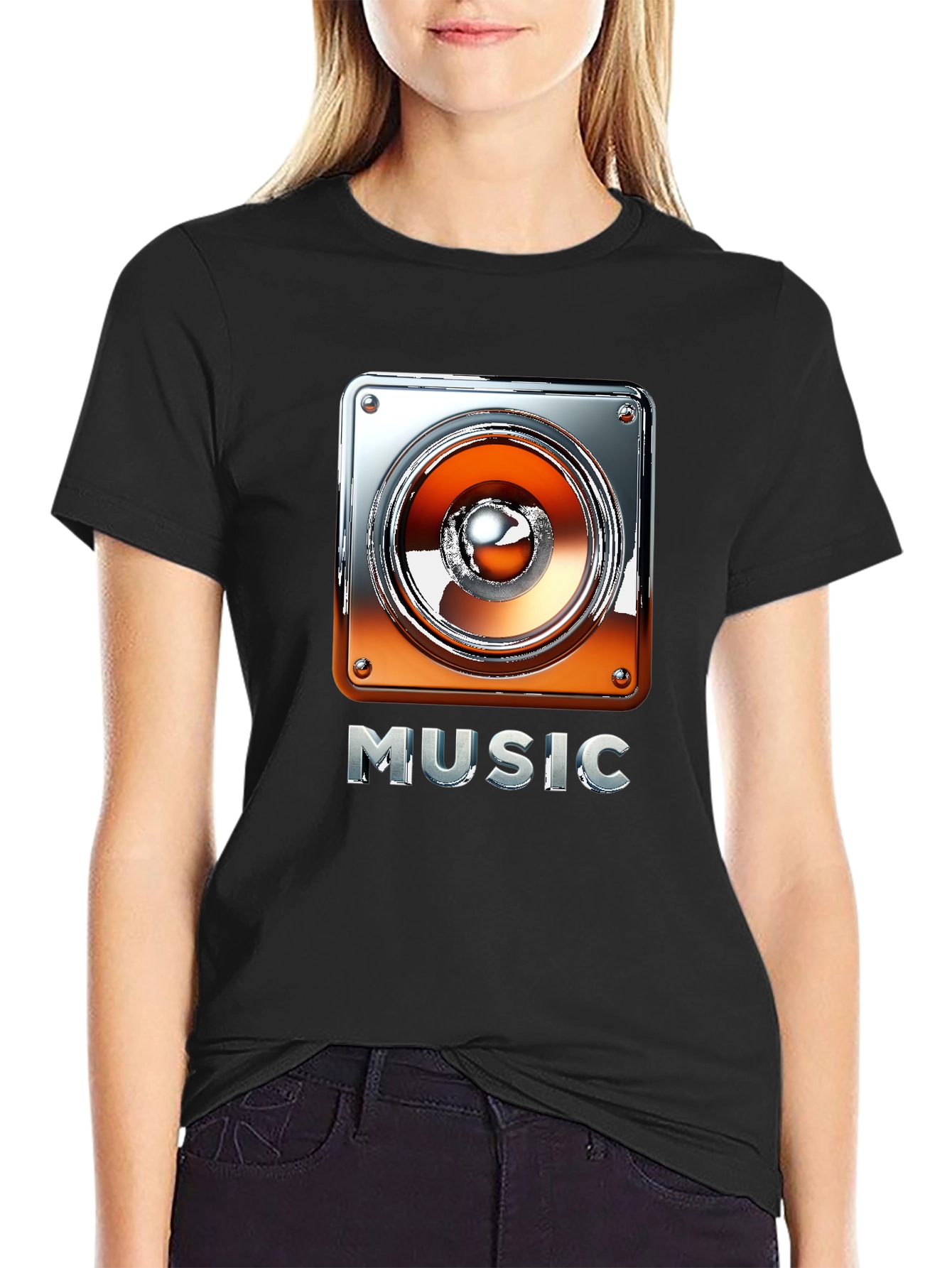 Music Graphic Tee - Black T-Shirt with Speaker Design