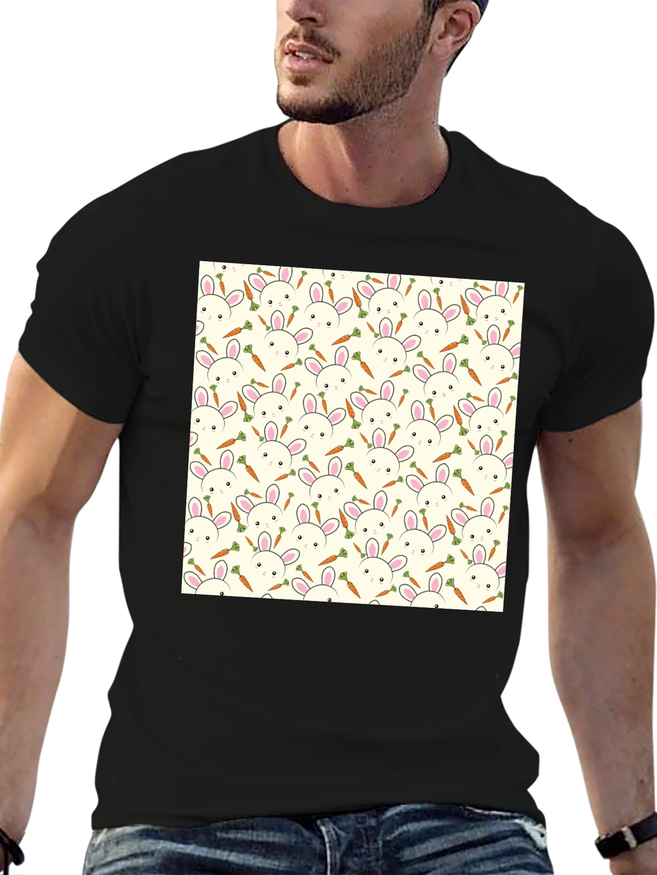 Bunny & Carrot Pattern T-Shirt - Black