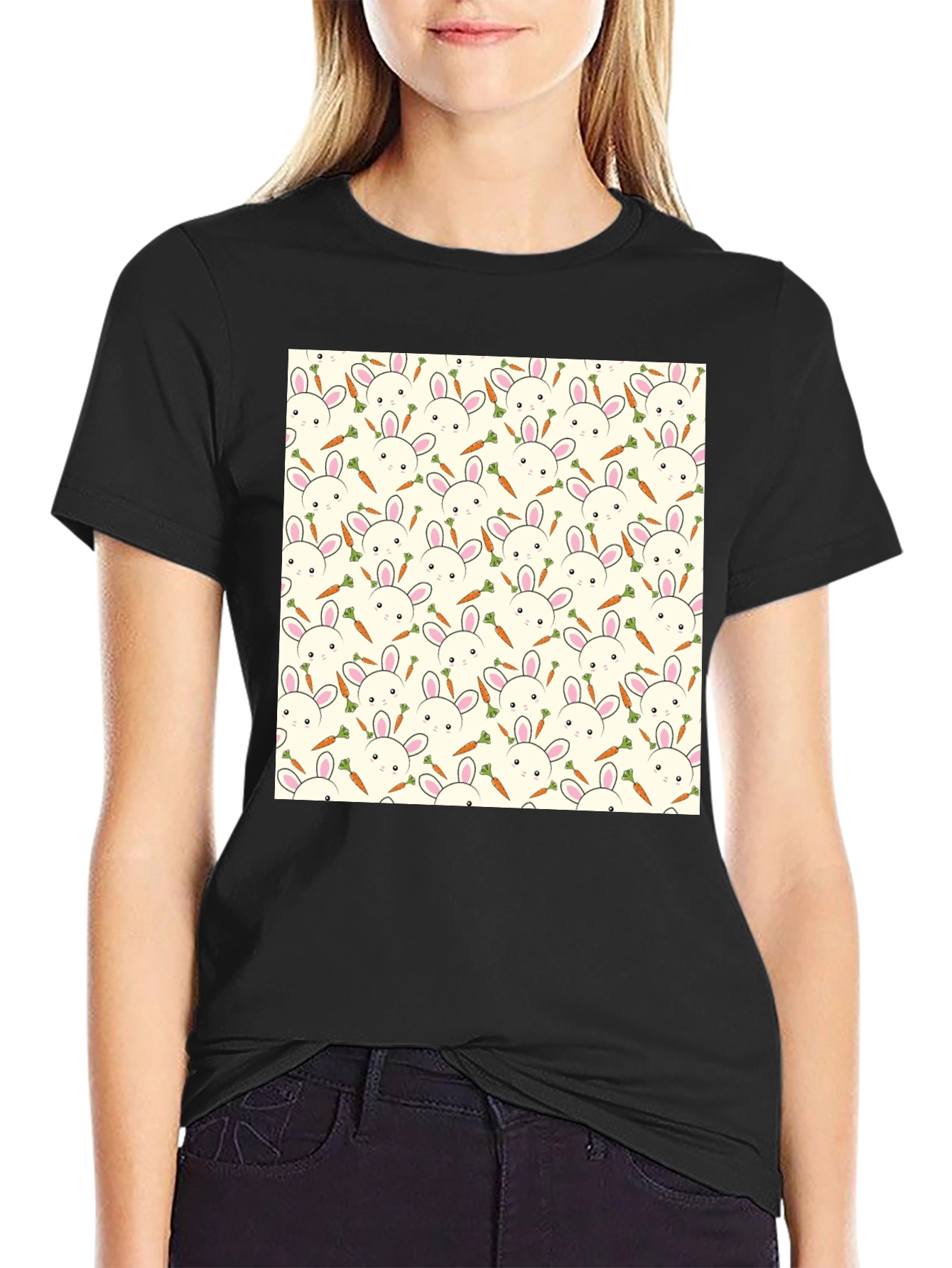 Bunny & Carrot Pattern T-Shirt - Black