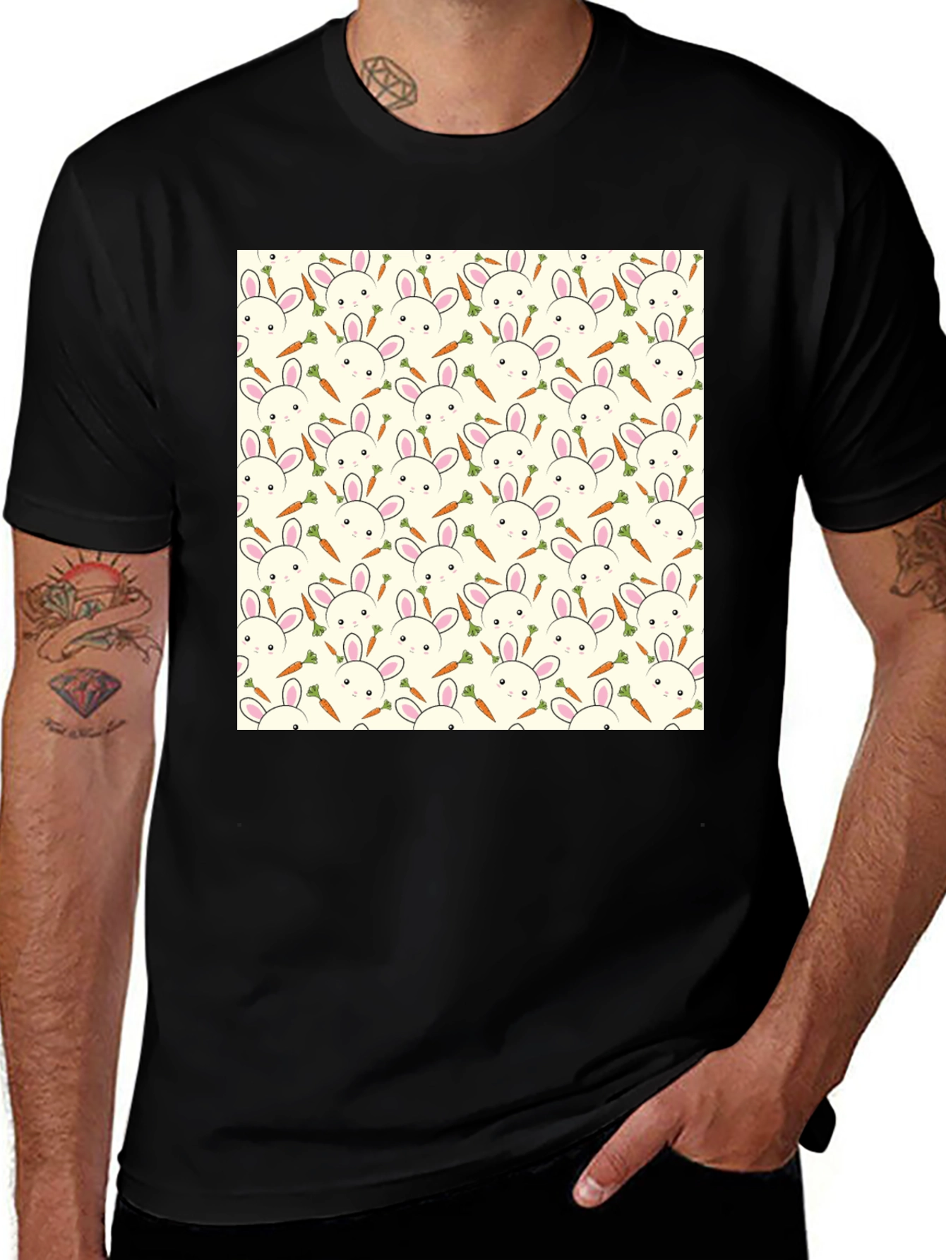 Bunny & Carrot Pattern T-Shirt - Black