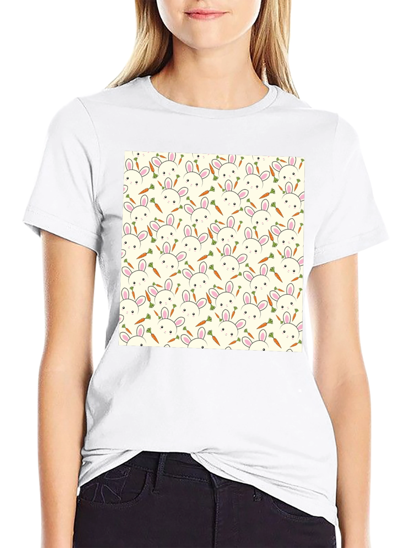Bunny & Carrot Pattern T-Shirt - Black