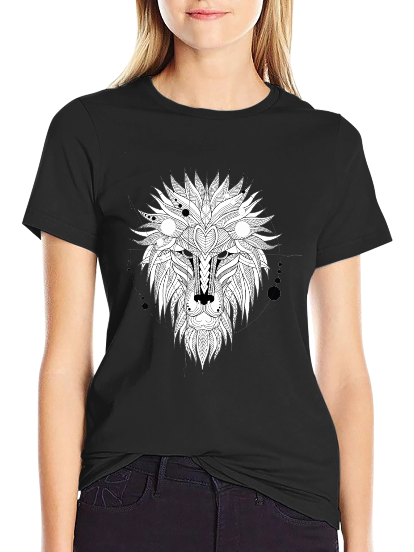Abstract Lion Head Graphic Tee - Black