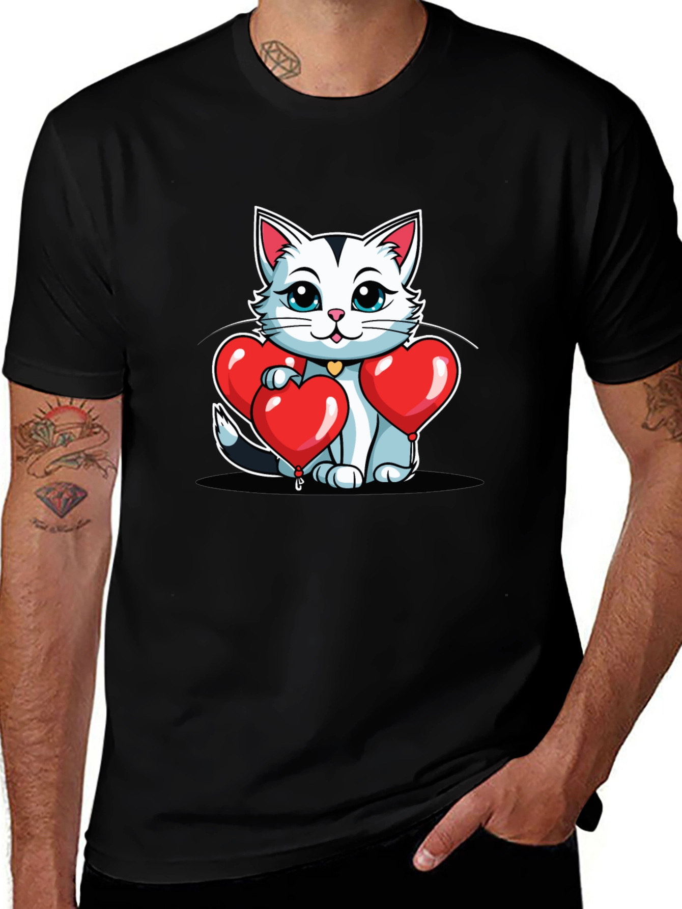 Valentines Cat T-Shirt - Heart Balloons