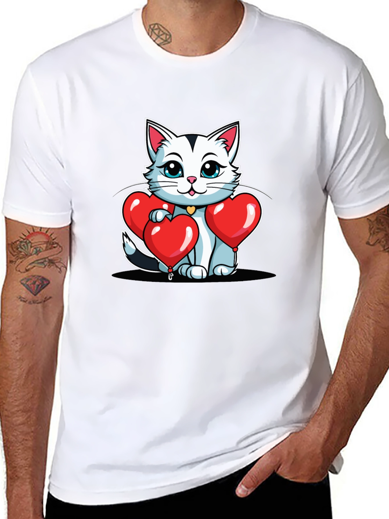 Valentines Cat T-Shirt - Heart Balloons