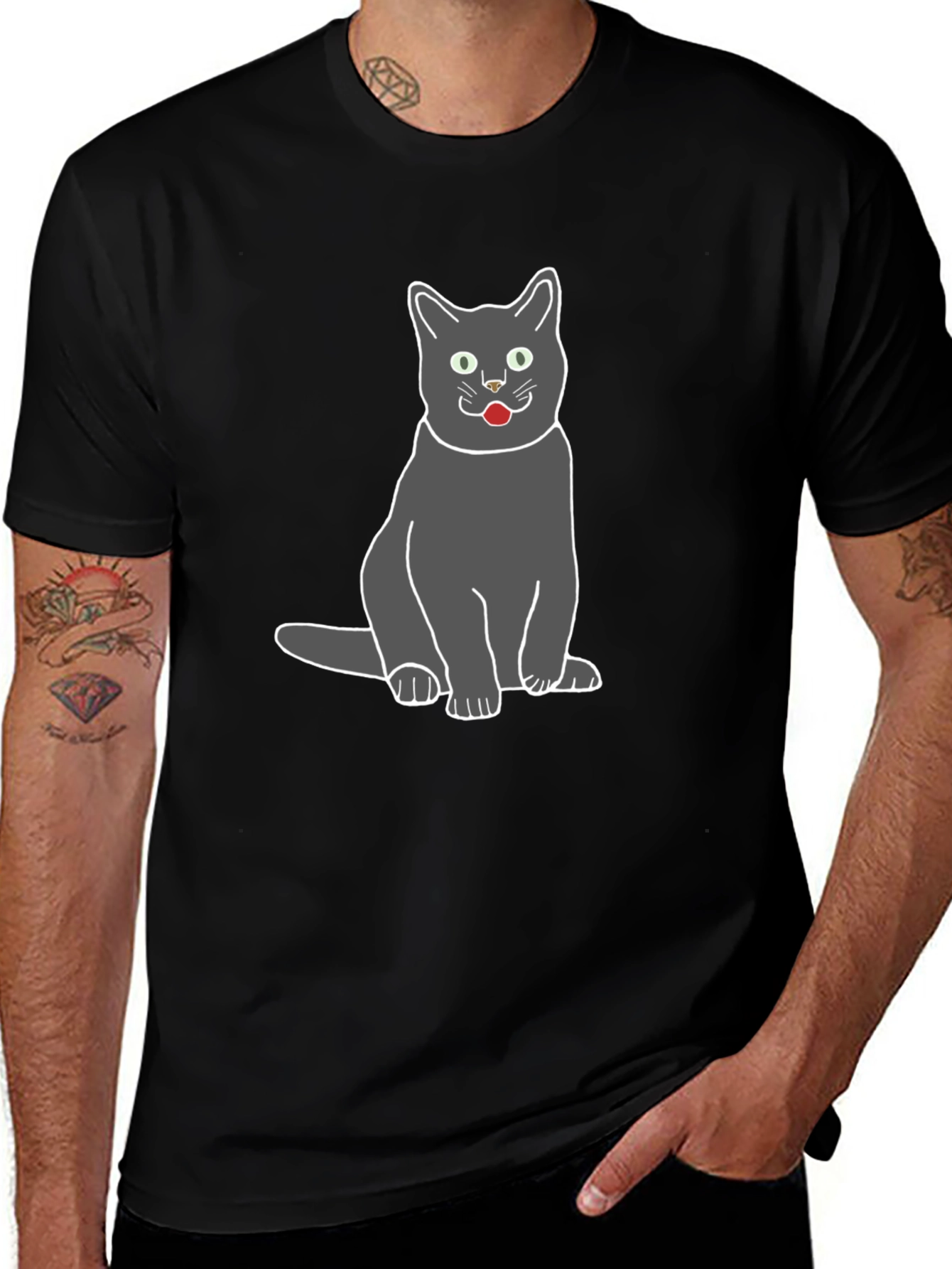 Gray Cat Graphic Tee - Black Cotton T-Shirt
