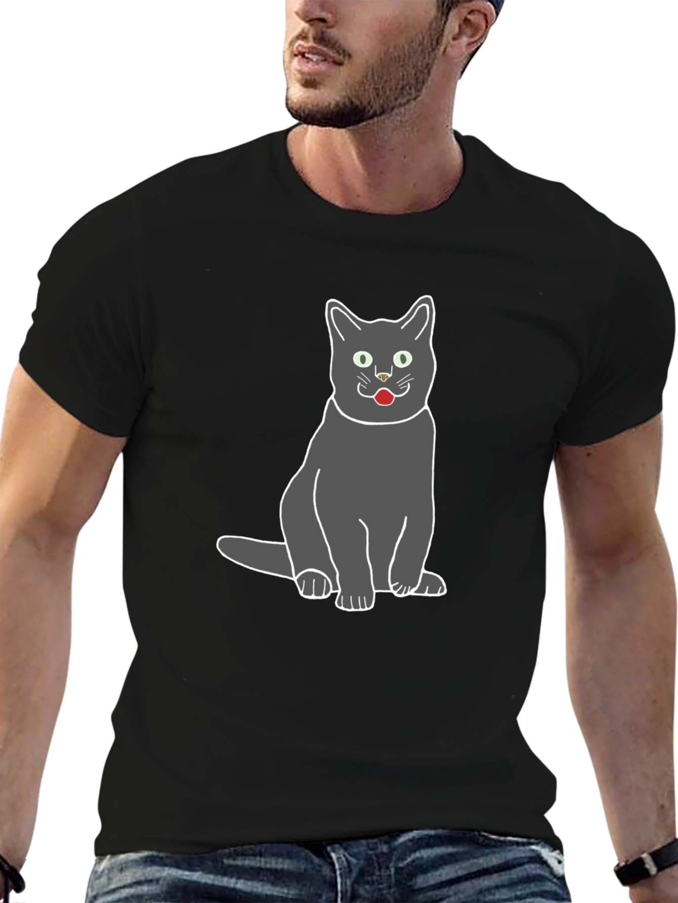 Gray Cat Graphic Tee - Black Cotton T-Shirt