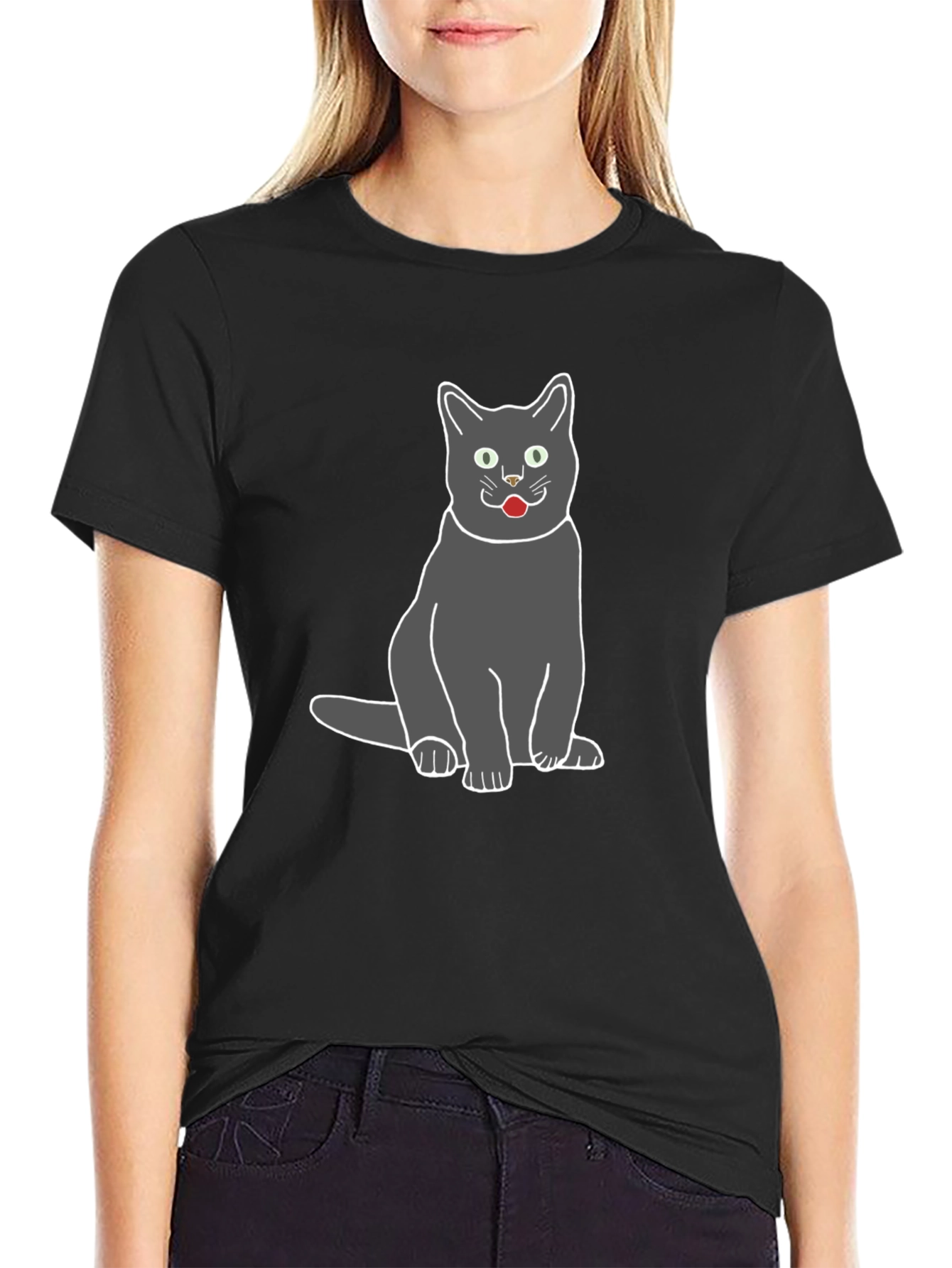 Gray Cat Graphic Tee - Black Cotton T-Shirt