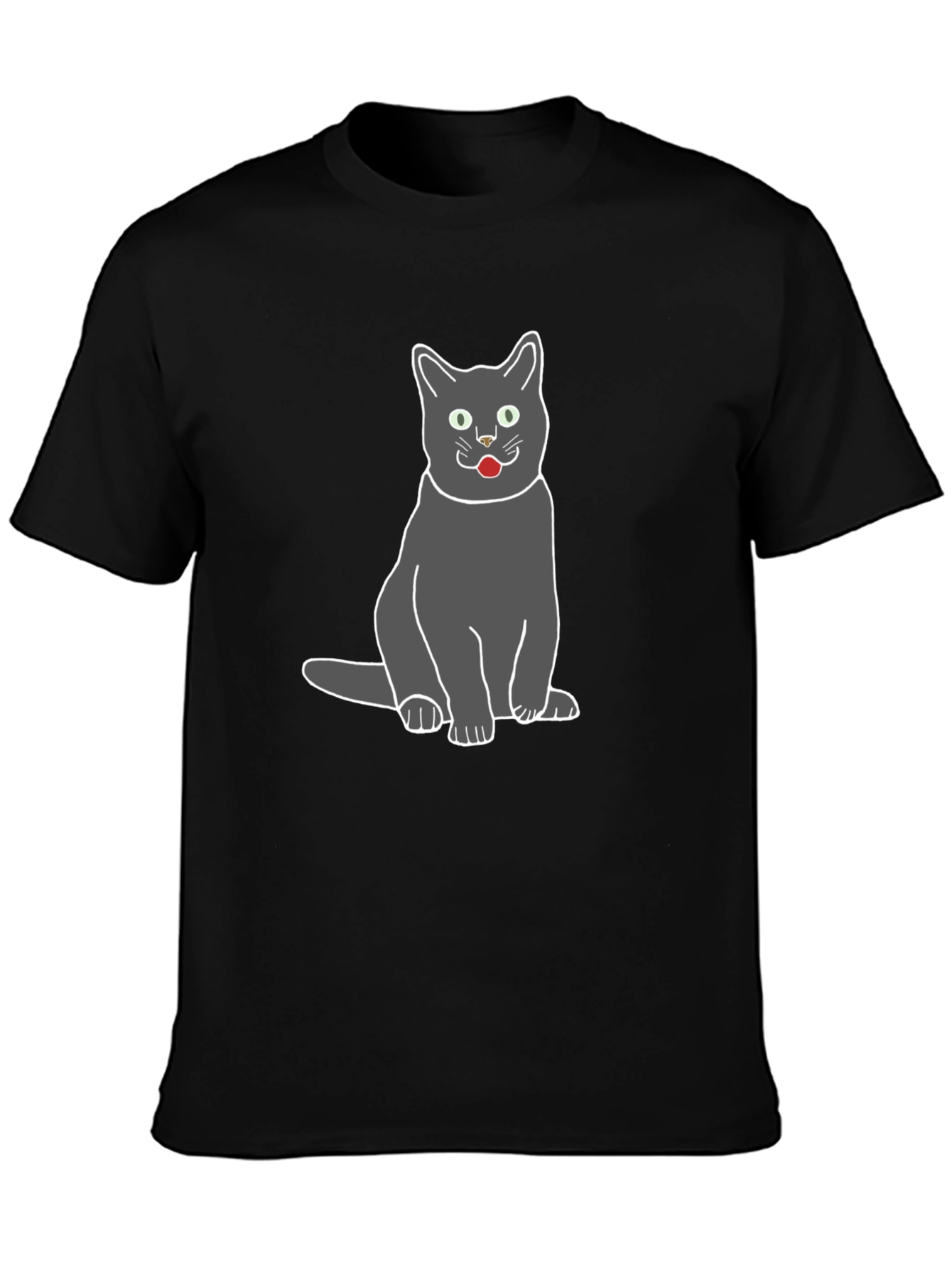 Gray Cat Graphic Tee - Black Cotton T-Shirt