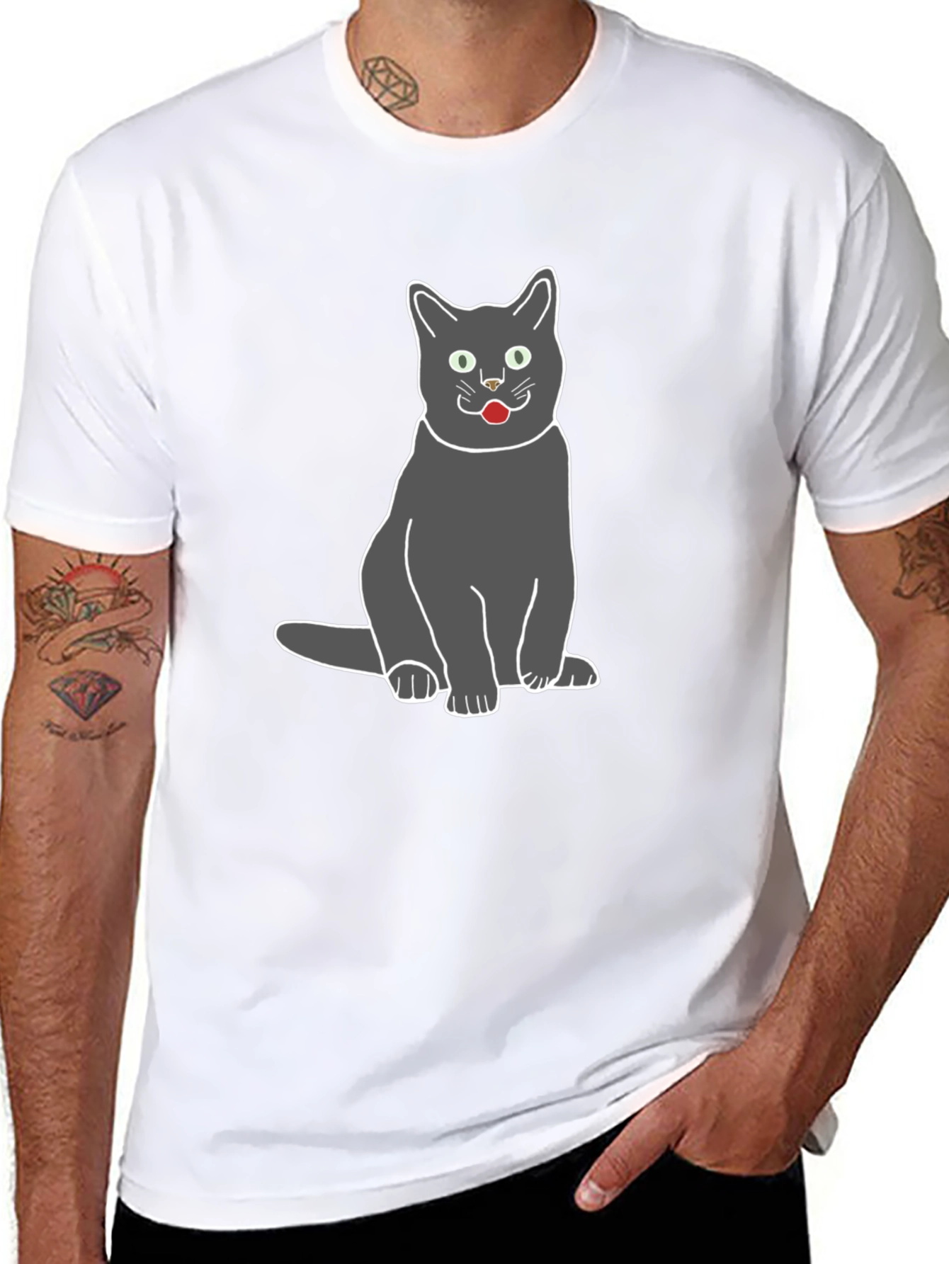 Gray Cat Graphic Tee - Black Cotton T-Shirt
