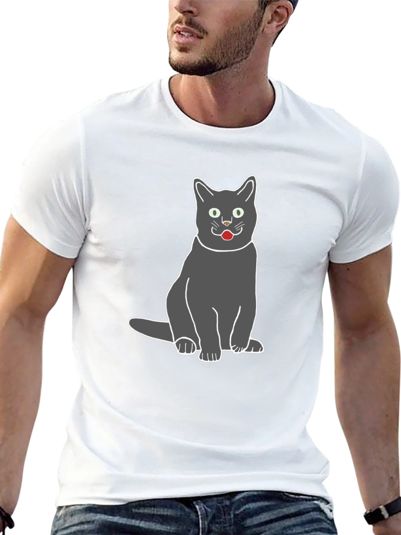 Gray Cat Graphic Tee - Black Cotton T-Shirt