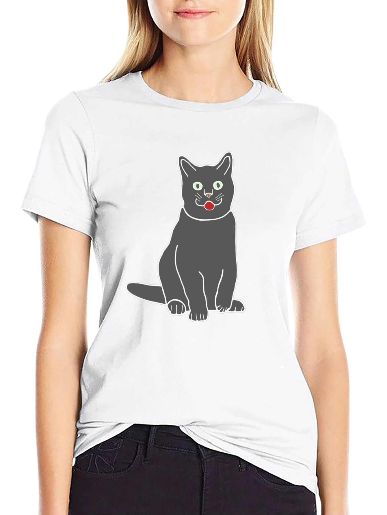 Gray Cat Graphic Tee - Black Cotton T-Shirt