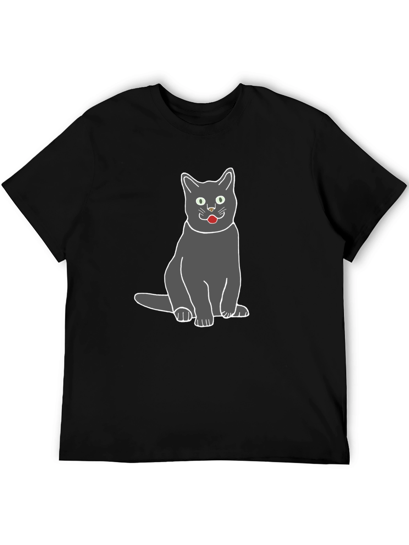 Gray Cat Graphic Tee - Black Cotton T-Shirt