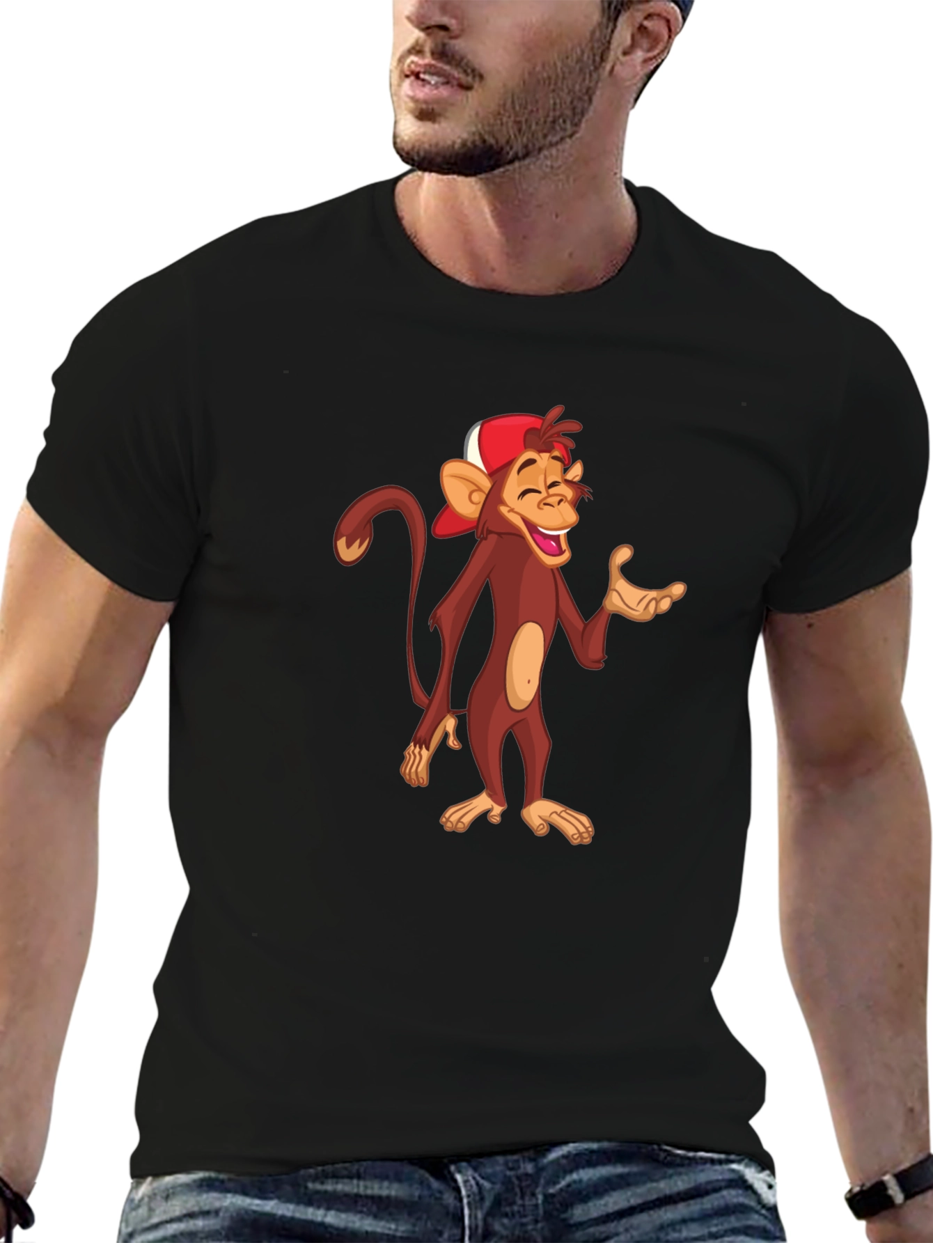 Cartoon Monkey Graphic T-Shirt - Casual Black Tee