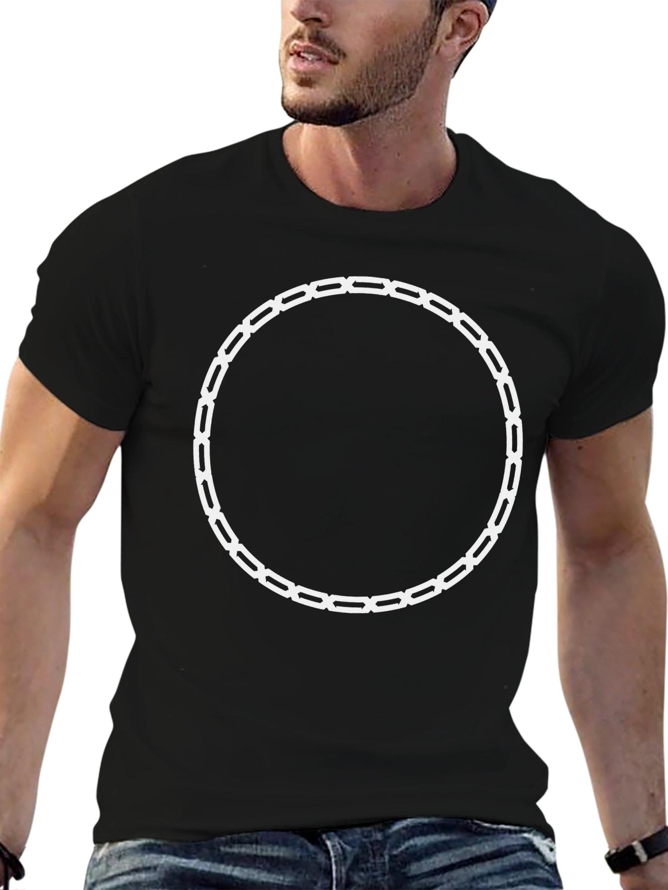 Black Tee with Unique White Chain Circle Design