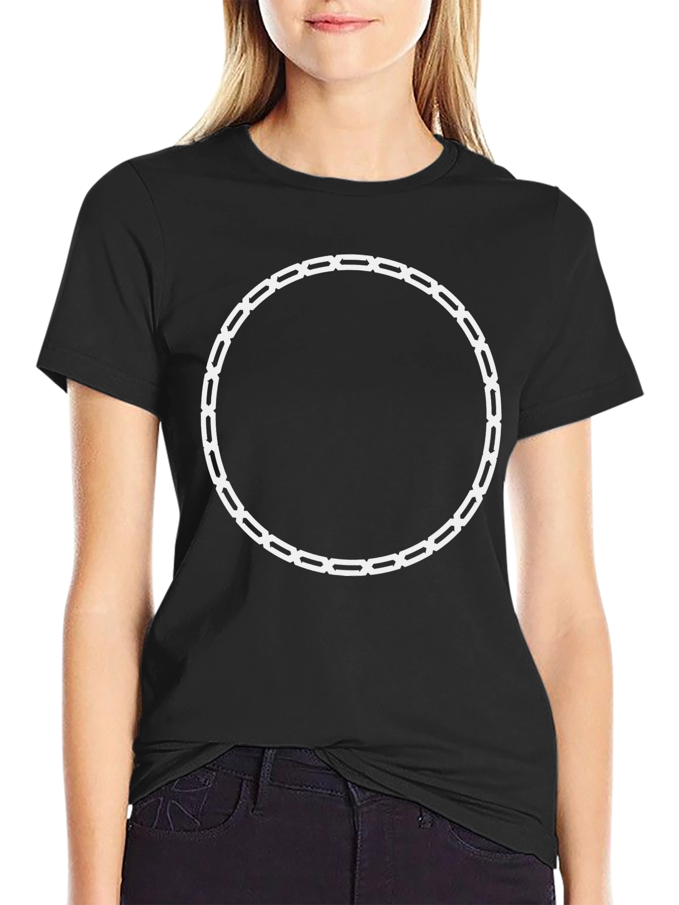 Black Tee with Unique White Chain Circle Design