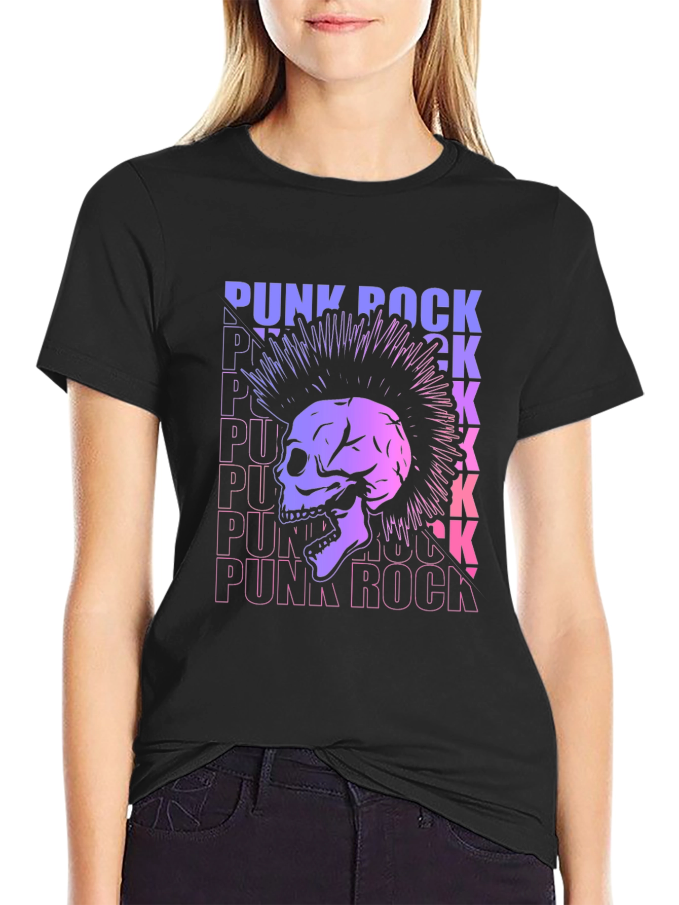 Punk Rock Skull Graphic Tee - Black Cotton T-Shirt