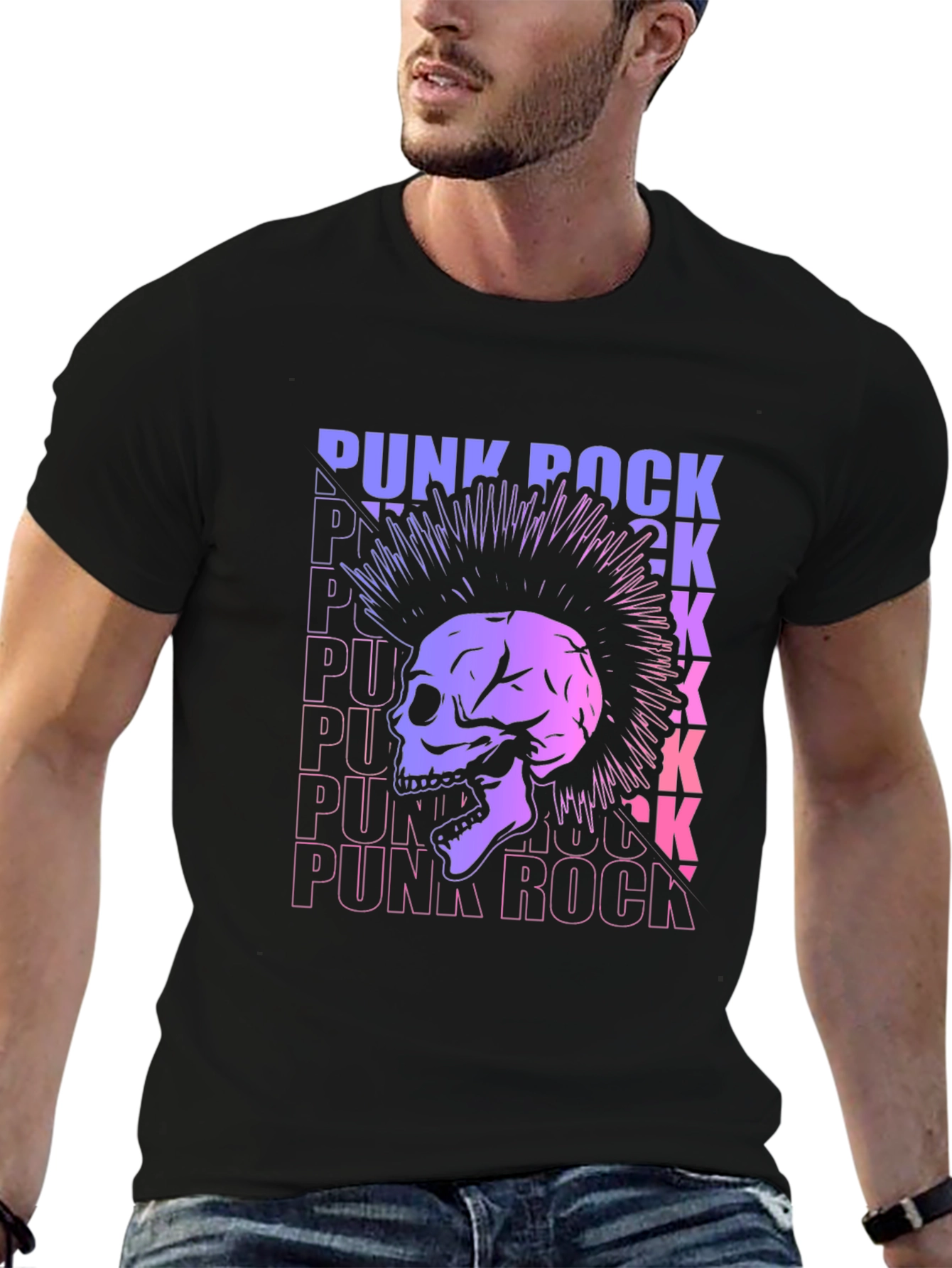 Punk Rock Skull Graphic Tee - Black Cotton T-Shirt