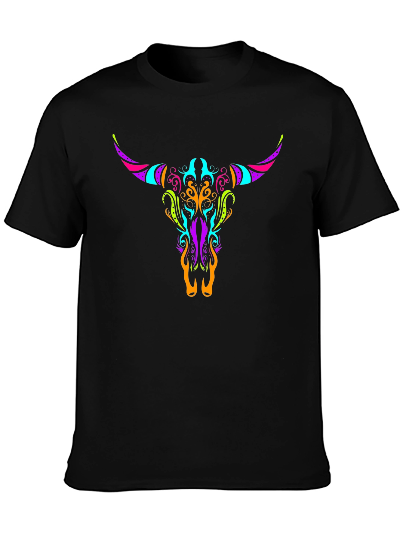 Neon Bull Skull Graphic Tee - Black