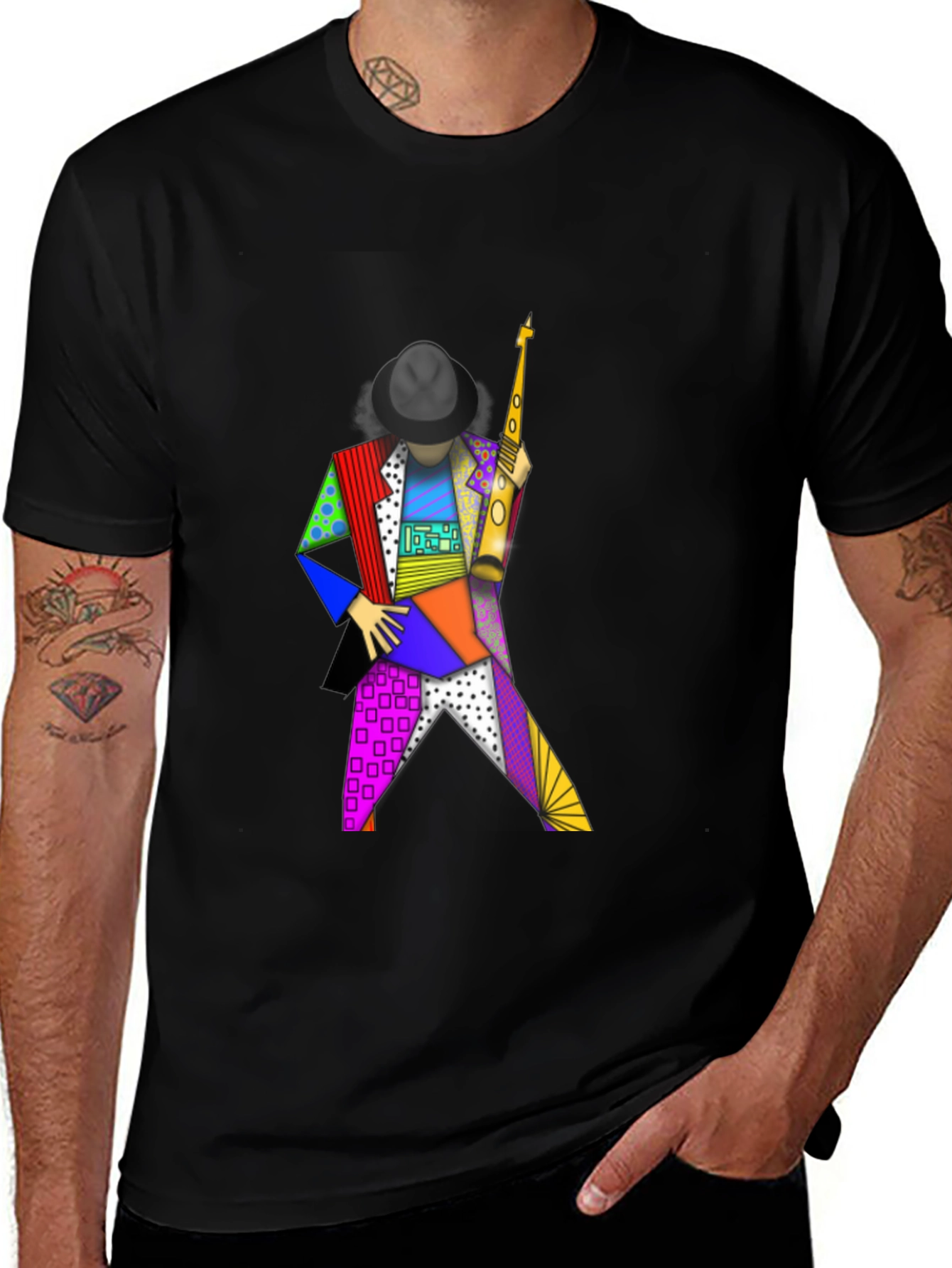 Geometric Sax Player Graphic Tee - Stylish Musicians Shirt