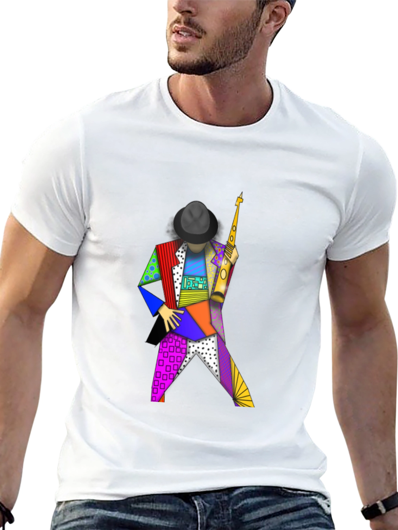 Geometric Sax Player Graphic Tee - Stylish Musicians Shirt