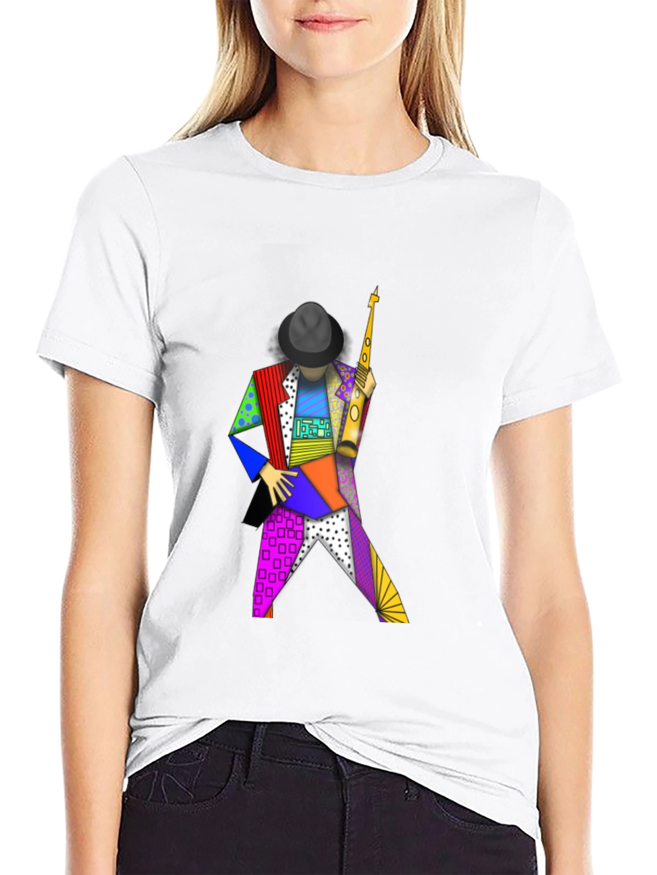 Geometric Sax Player Graphic Tee - Stylish Musicians Shirt