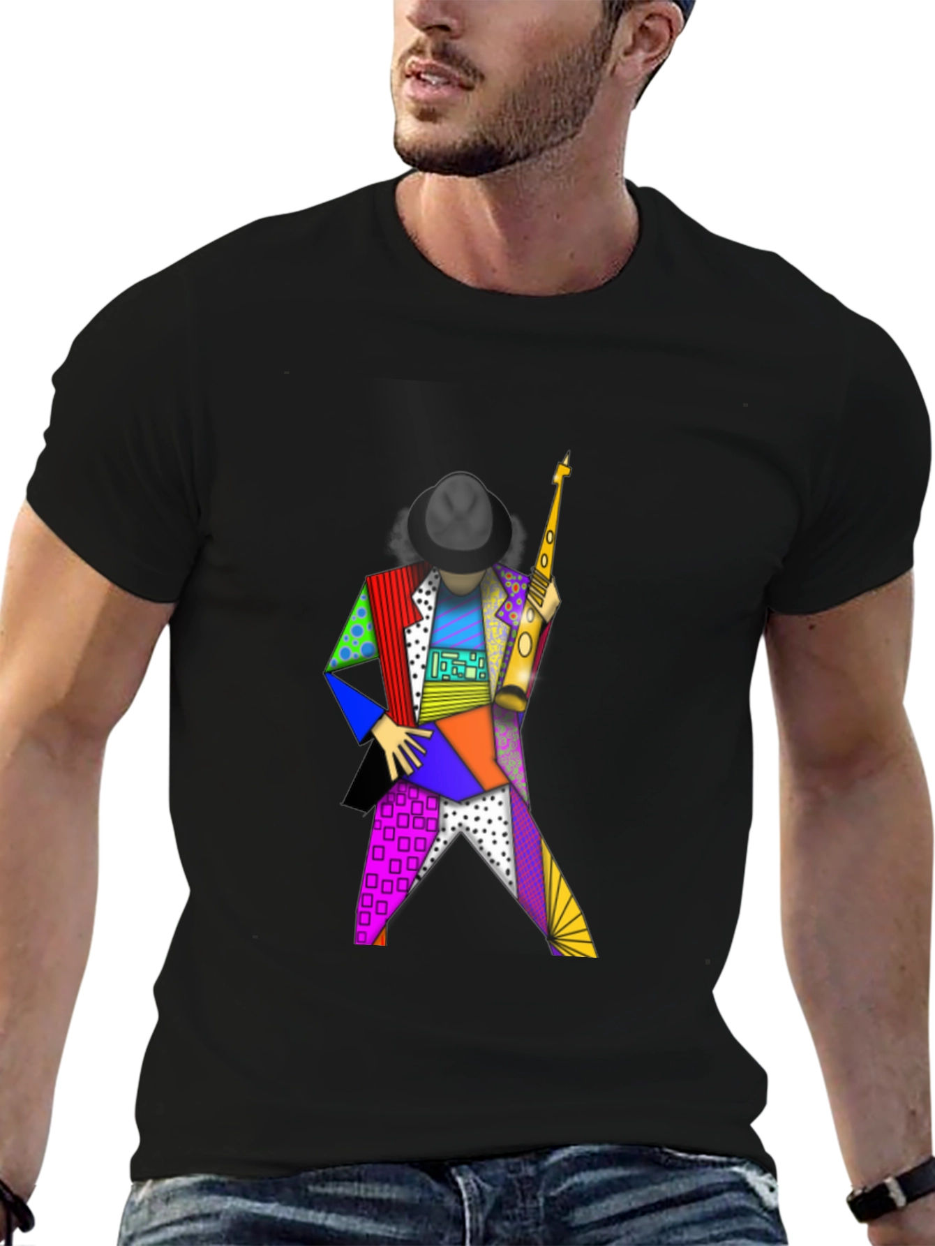 Geometric Sax Player Graphic Tee - Stylish Musicians Shirt