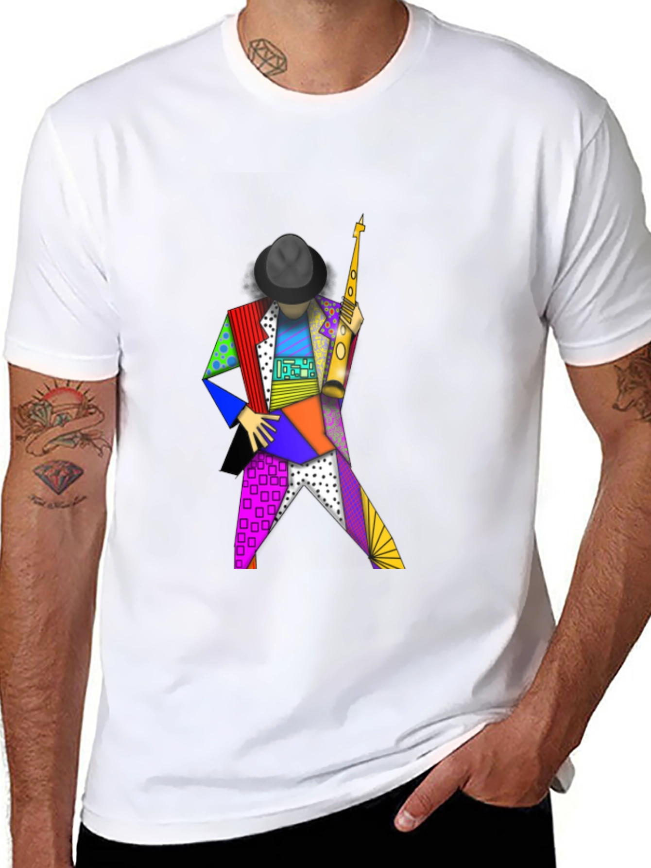 Geometric Sax Player Graphic Tee - Stylish Musicians Shirt