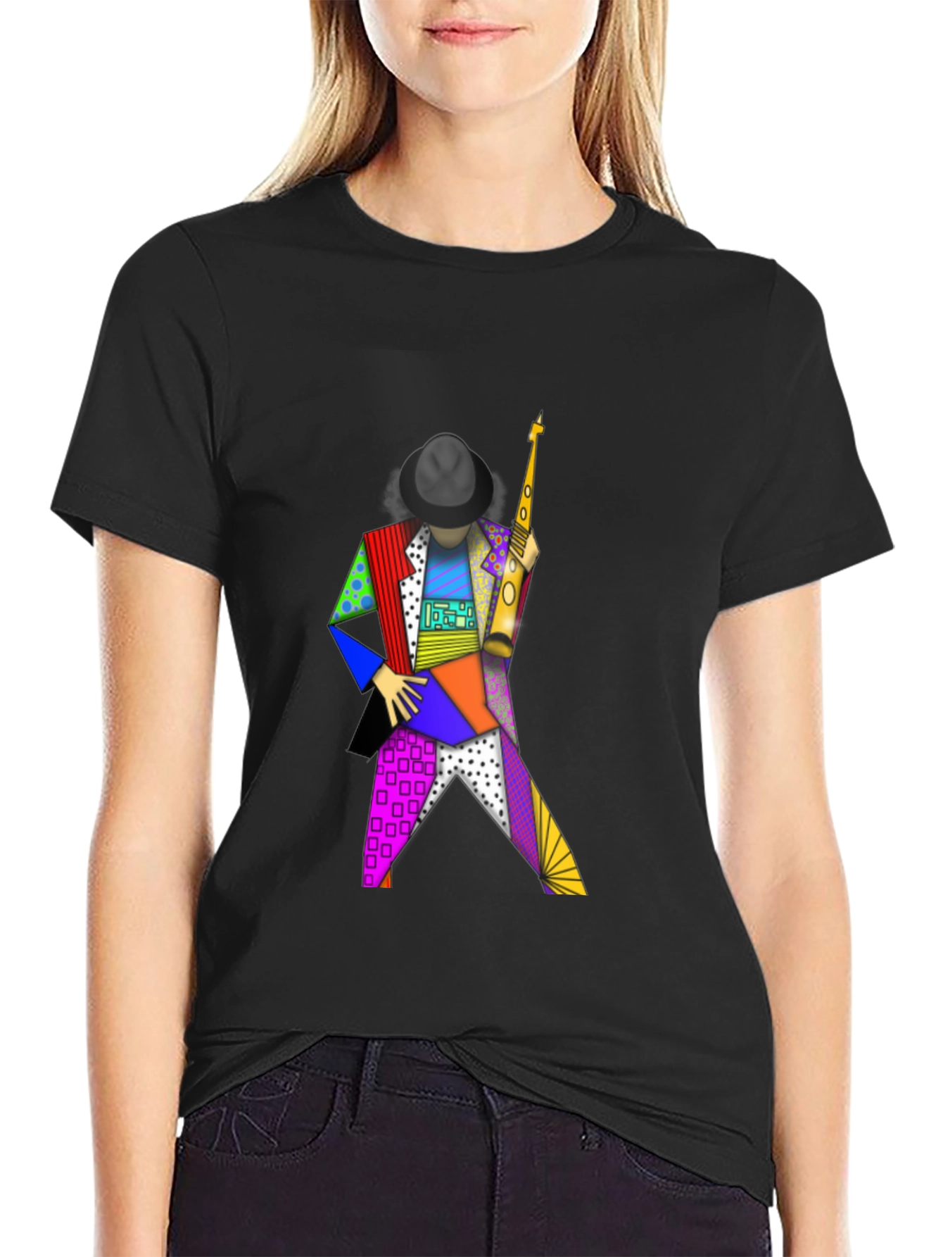 Geometric Sax Player Graphic Tee - Stylish Musicians Shirt