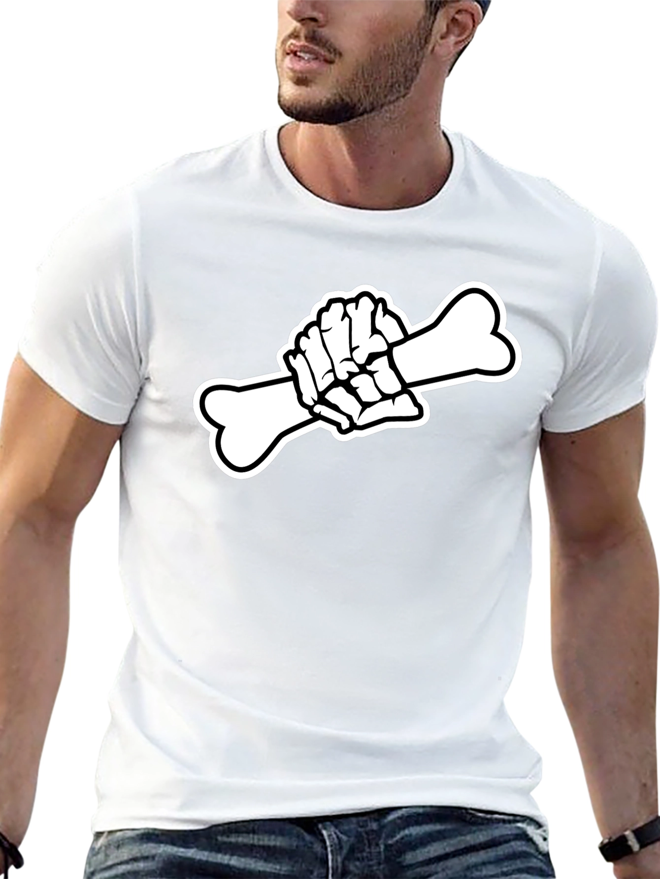 Black T-Shirt with Skeleton Hand Holding Bone Graphic