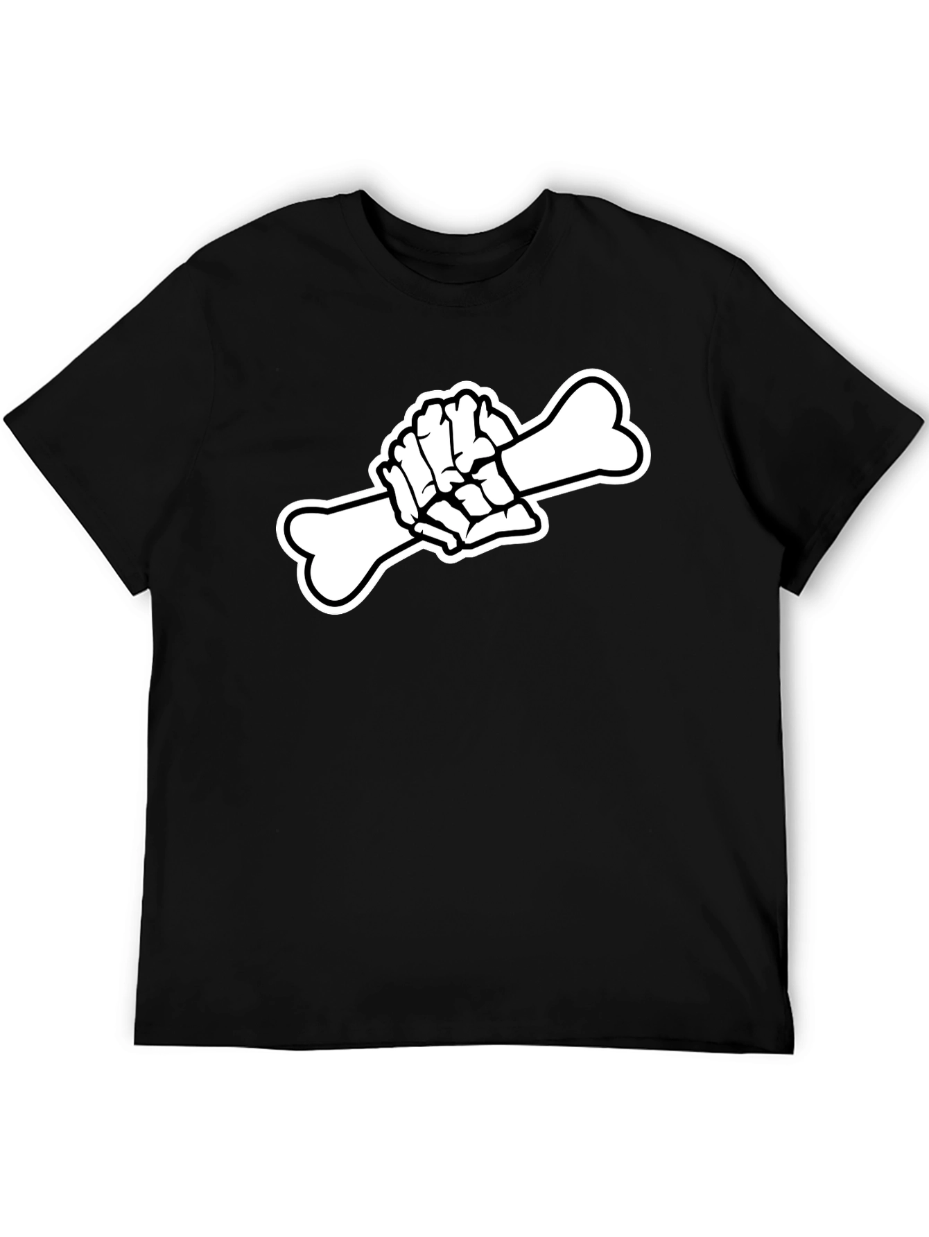 Black T-Shirt with Skeleton Hand Holding Bone Graphic