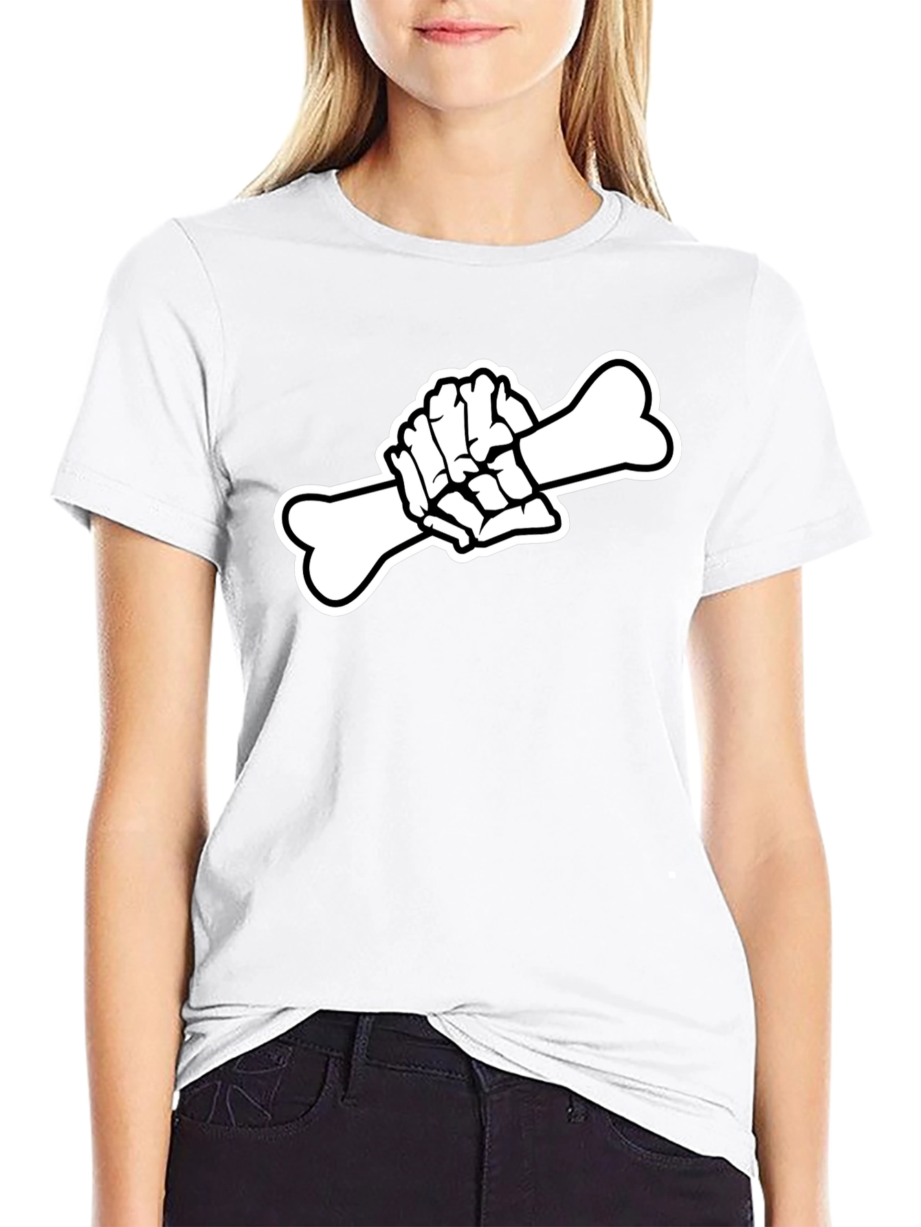Black T-Shirt with Skeleton Hand Holding Bone Graphic
