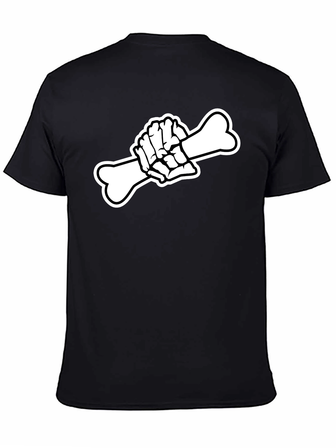 Black T-Shirt with Skeleton Hand Holding Bone Graphic