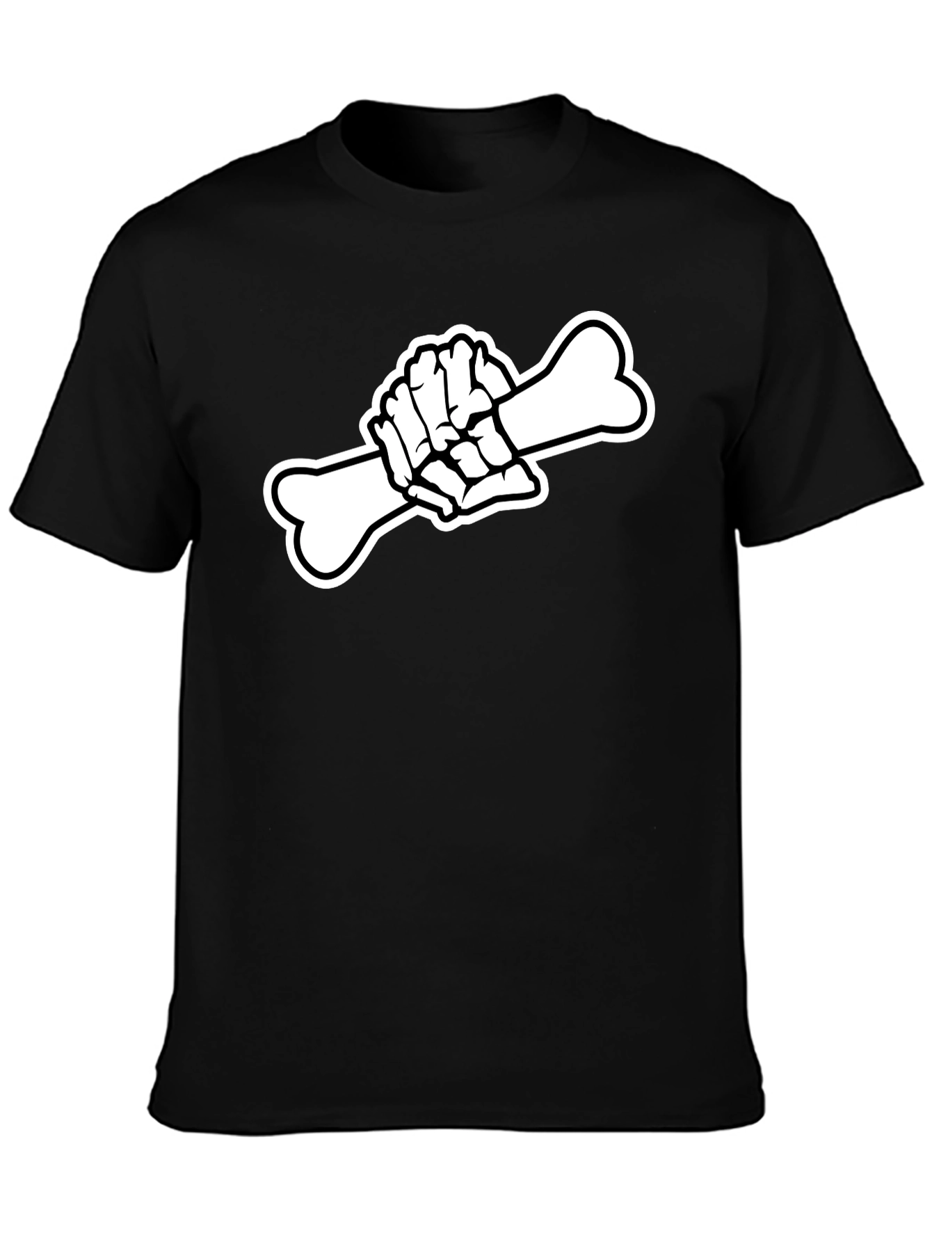 Black T-Shirt with Skeleton Hand Holding Bone Graphic