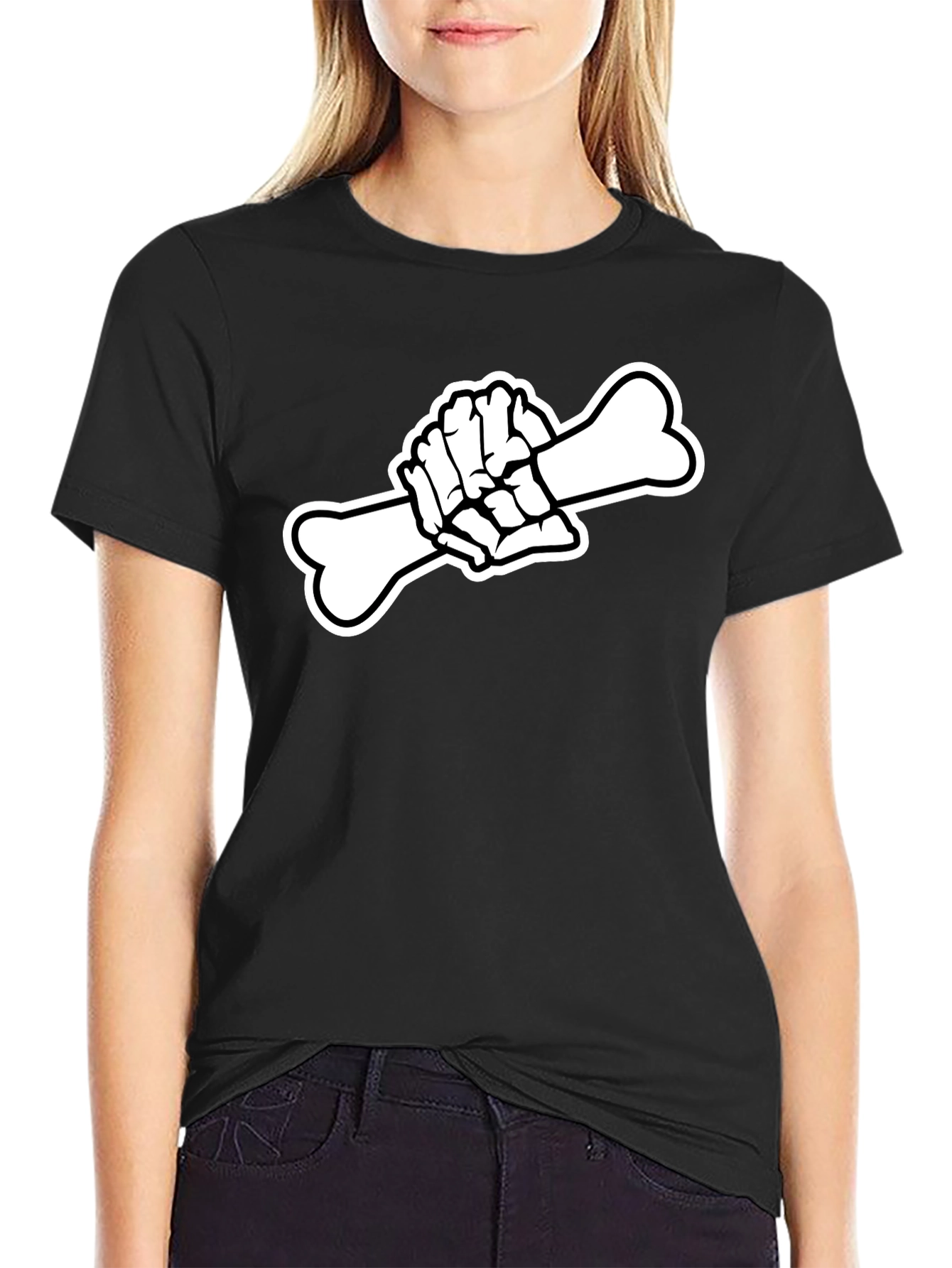 Black T-Shirt with Skeleton Hand Holding Bone Graphic