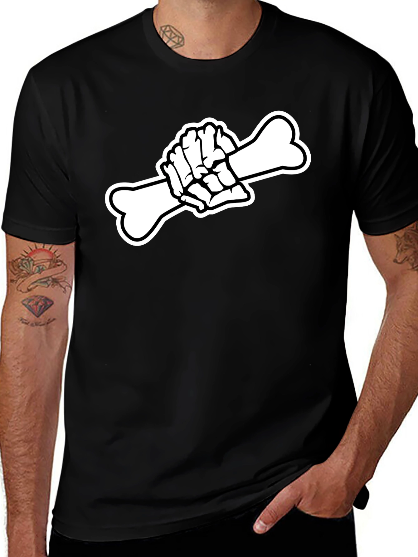 Black T-Shirt with Skeleton Hand Holding Bone Graphic