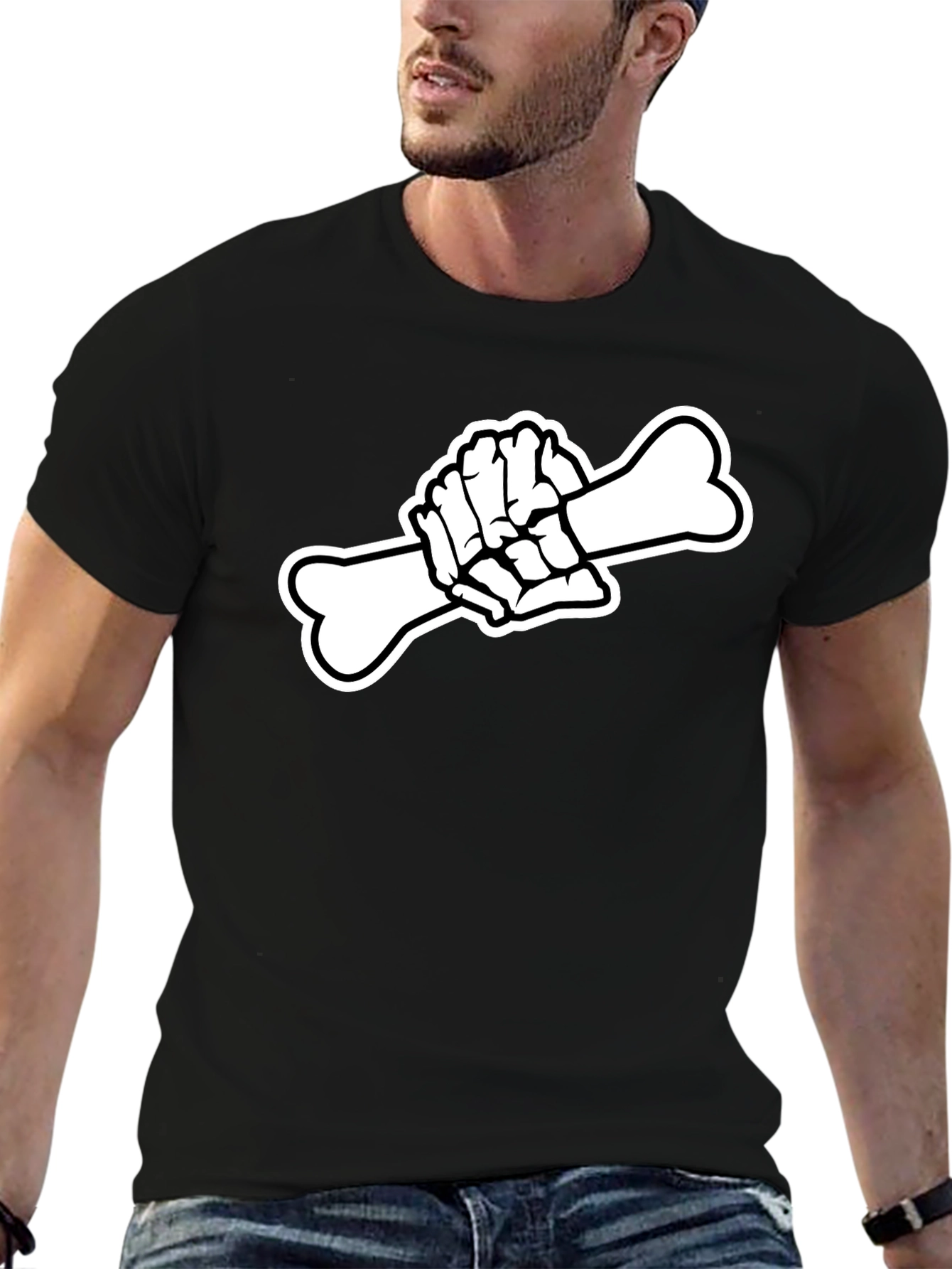 Black T-Shirt with Skeleton Hand Holding Bone Graphic