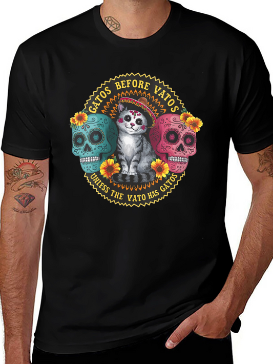 Gatos Before Vatos T-Shirt Cat Sugar Skull Dia de los Muertos Tee