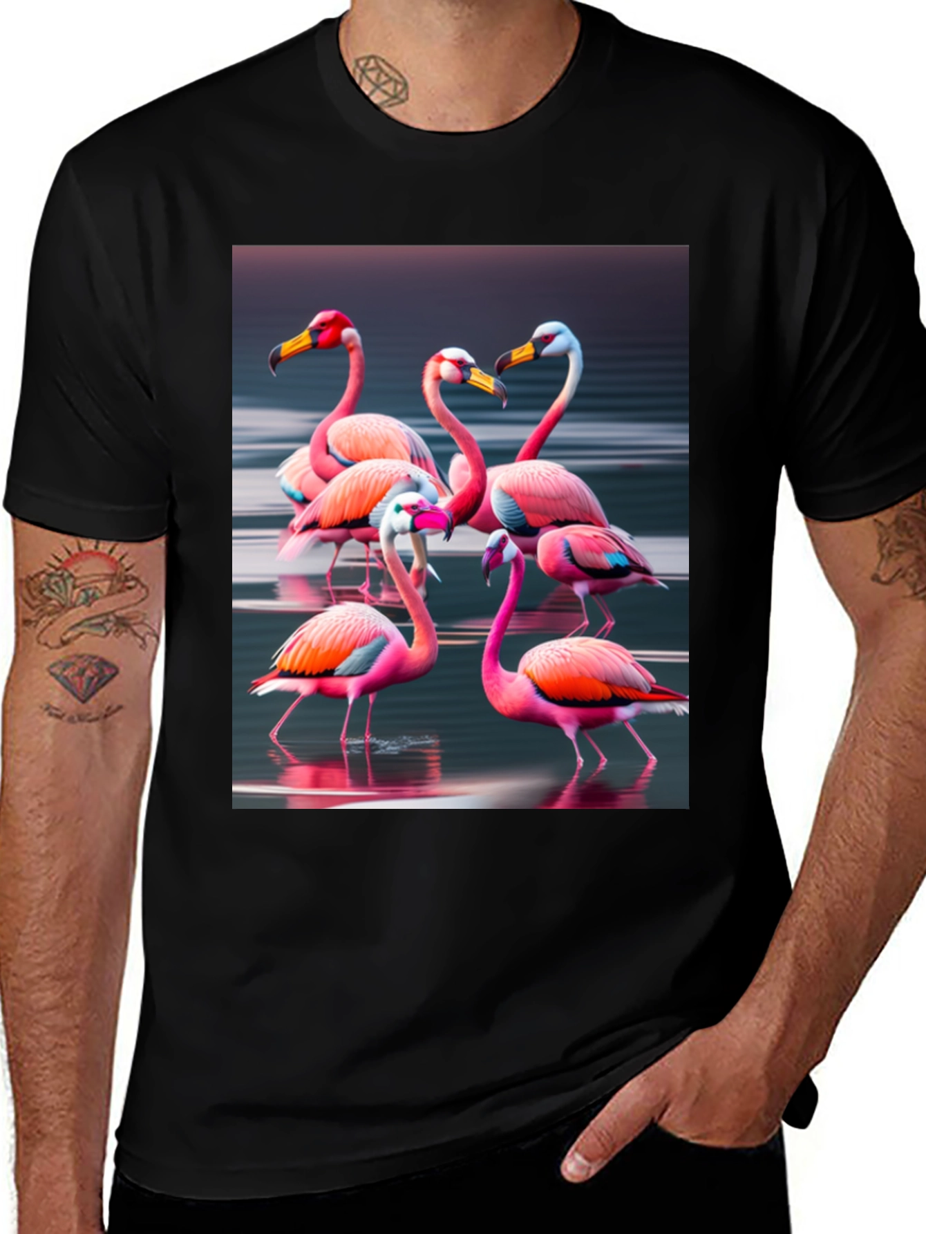 Flamingo Flock Graphic Tee - Black Cotton