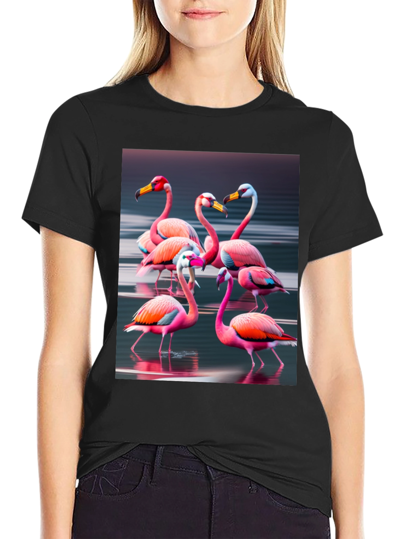 Flamingo Flock Graphic Tee - Black Cotton