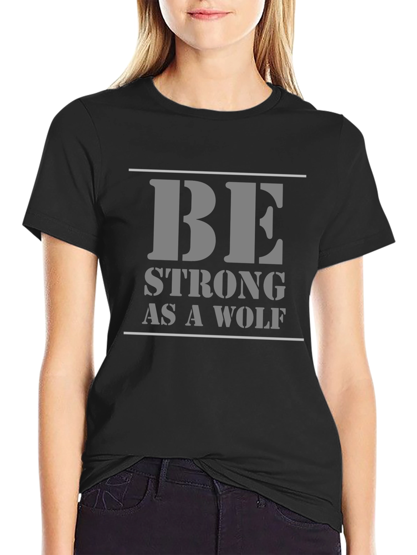Be Strong As A Wolf Black Cotton T-Shirt