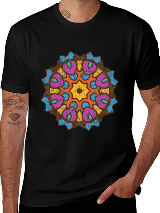 Mens Black Graphic Tee with Mandala Design