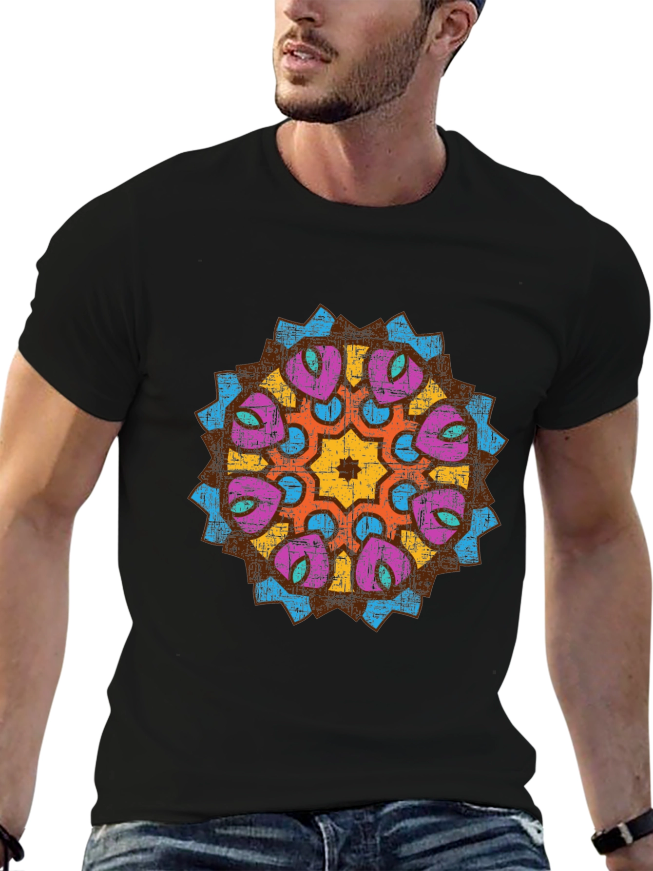 Mens Black Graphic Tee with Mandala Design